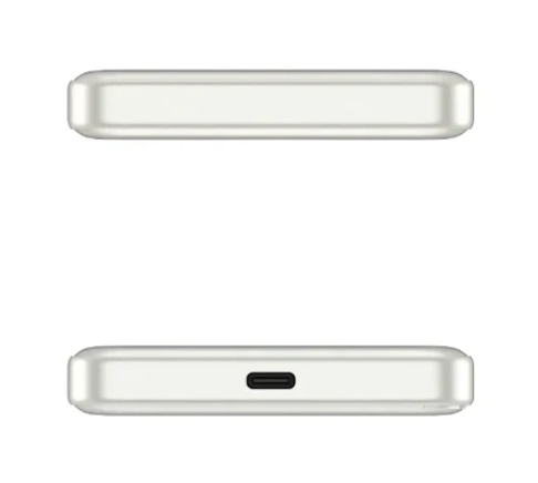 Białe prostokątne urządzenie z zaokrąglonymi krawędziami i portem USB-C.