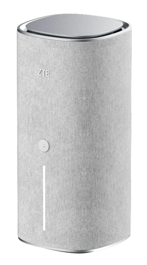 Szary router ZTE z srebrną pokrywą i przyciskiem.