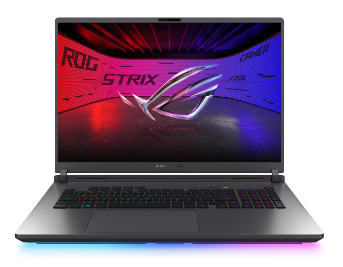 Ciemny laptop gamingowy z podświetlaną klawiaturą i logo ROG.