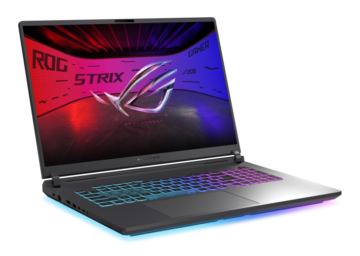 Otwarty laptop gamingowy z podświetlaną klawiaturą RGB i czerwono-niebieskim tłem.