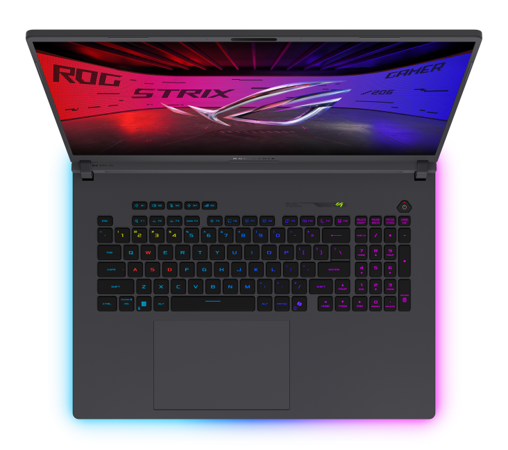 Otwarty laptop z podświetlaną klawiaturą i oświetleniem RGB.