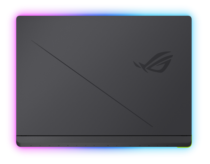 Ciemnoszara pokrywa laptopa z logo ROG i podświetleniem RGB.