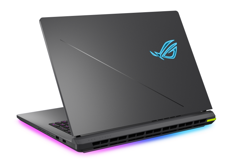 Ciemny laptop z niebieskim logo i fioletowym podświetleniem.