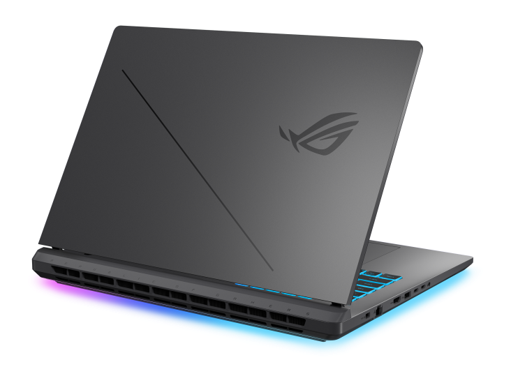 Zamknięty, szary laptop gamingowy z podświetlaną klawiaturą i akcentami RGB.