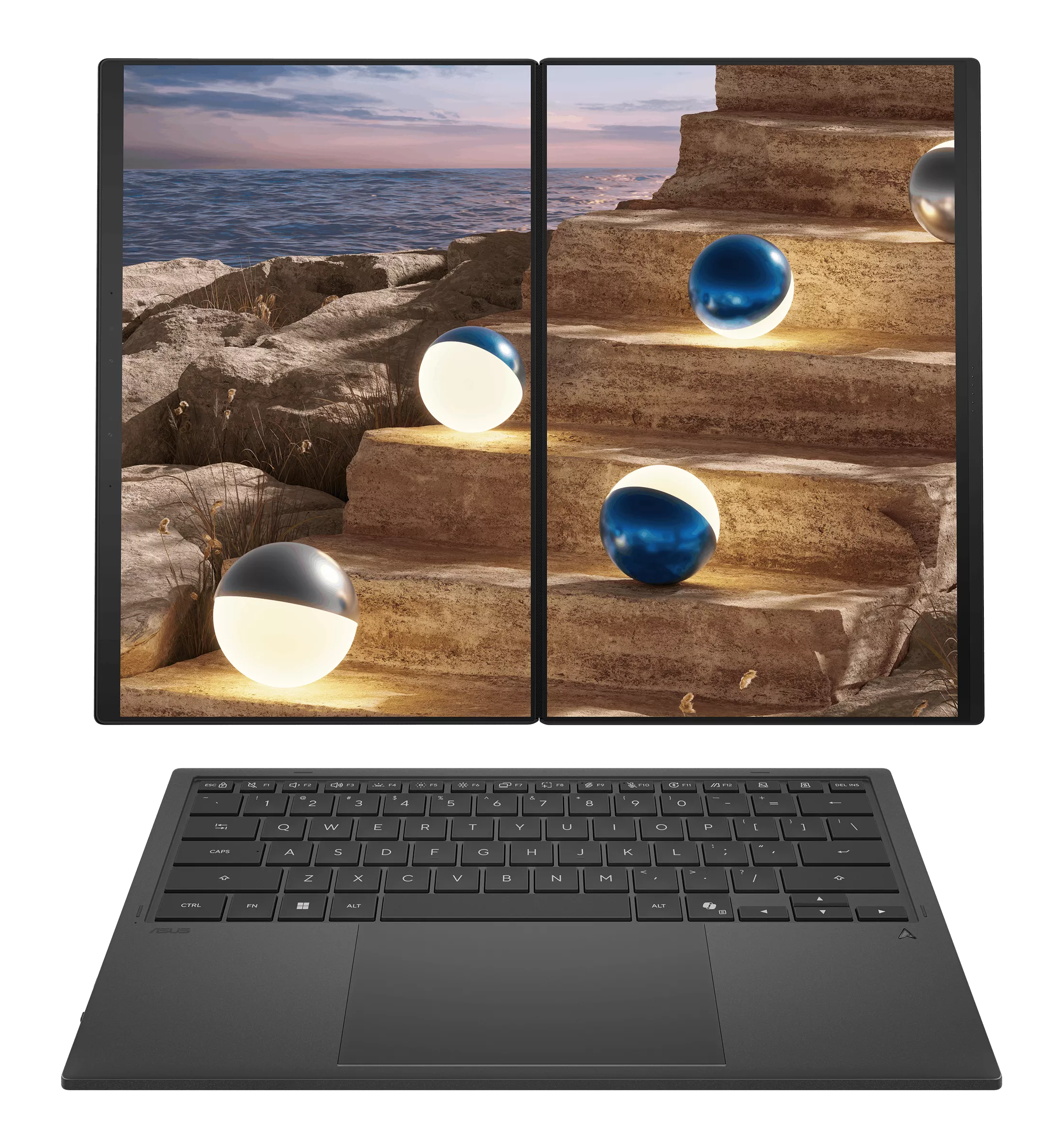 Laptop z dwoma ekranami wyświetla surrealistyczny krajobraz z kulistymi lampami.
