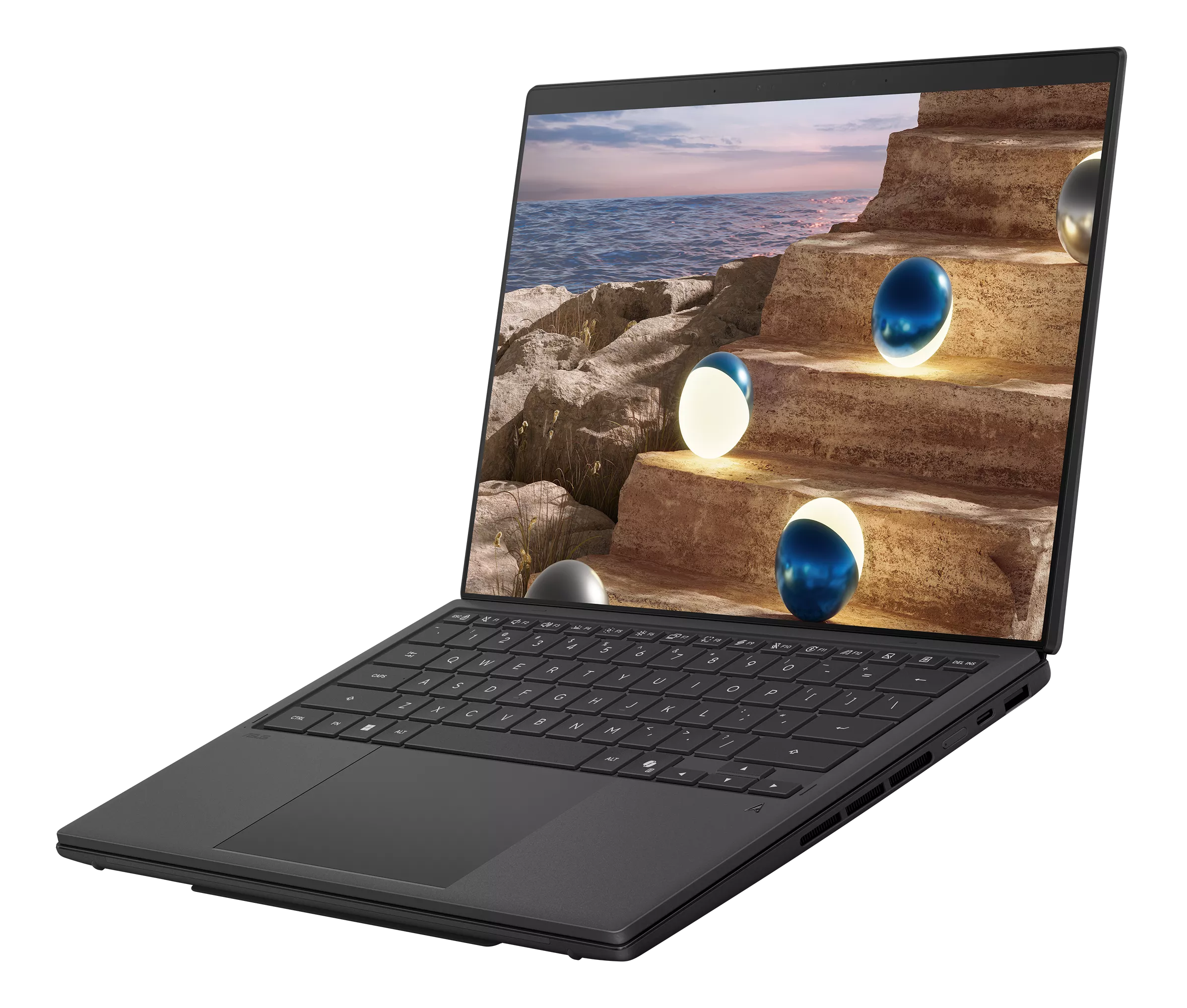 Ciemny laptop wyświetla schody nad morzem z podświetlonymi kulami.