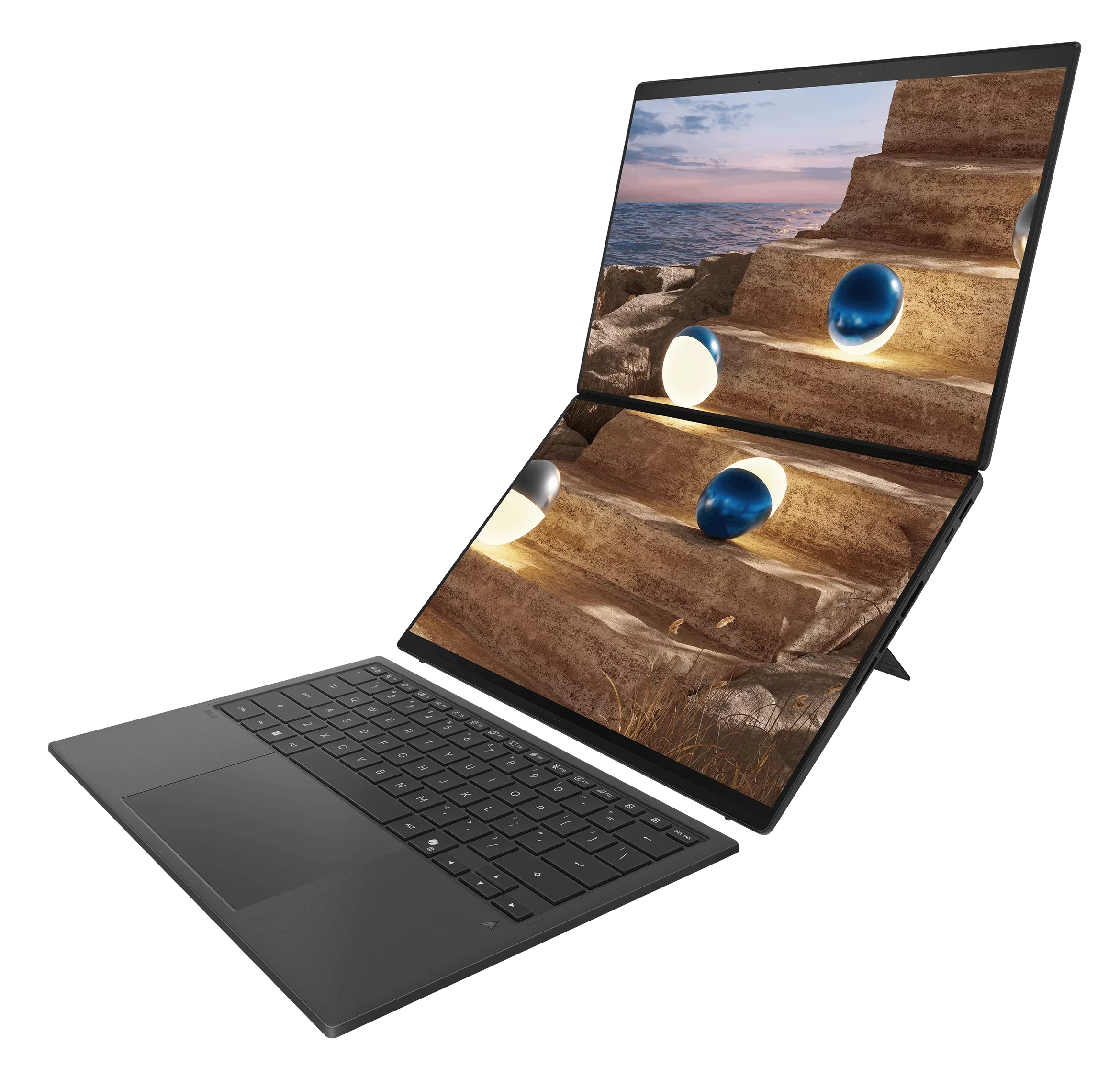 Ciemny laptop z dwoma ekranami przedstawia skaliste wybrzeże z niebieskimi kulami i światłami.