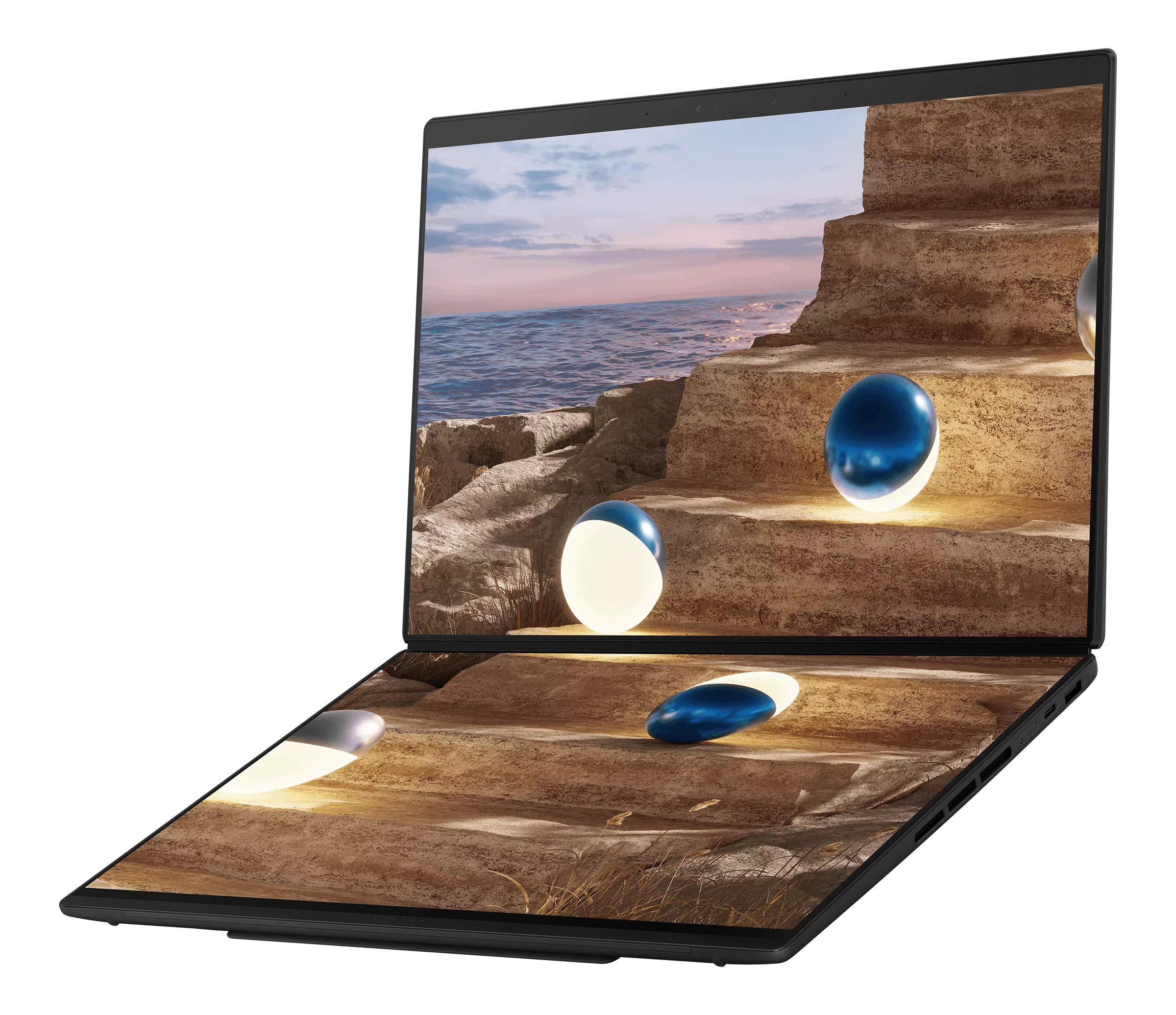 Laptop wyświetla surrealistyczny krajobraz ze skałami, morzem i świecącymi kulami.