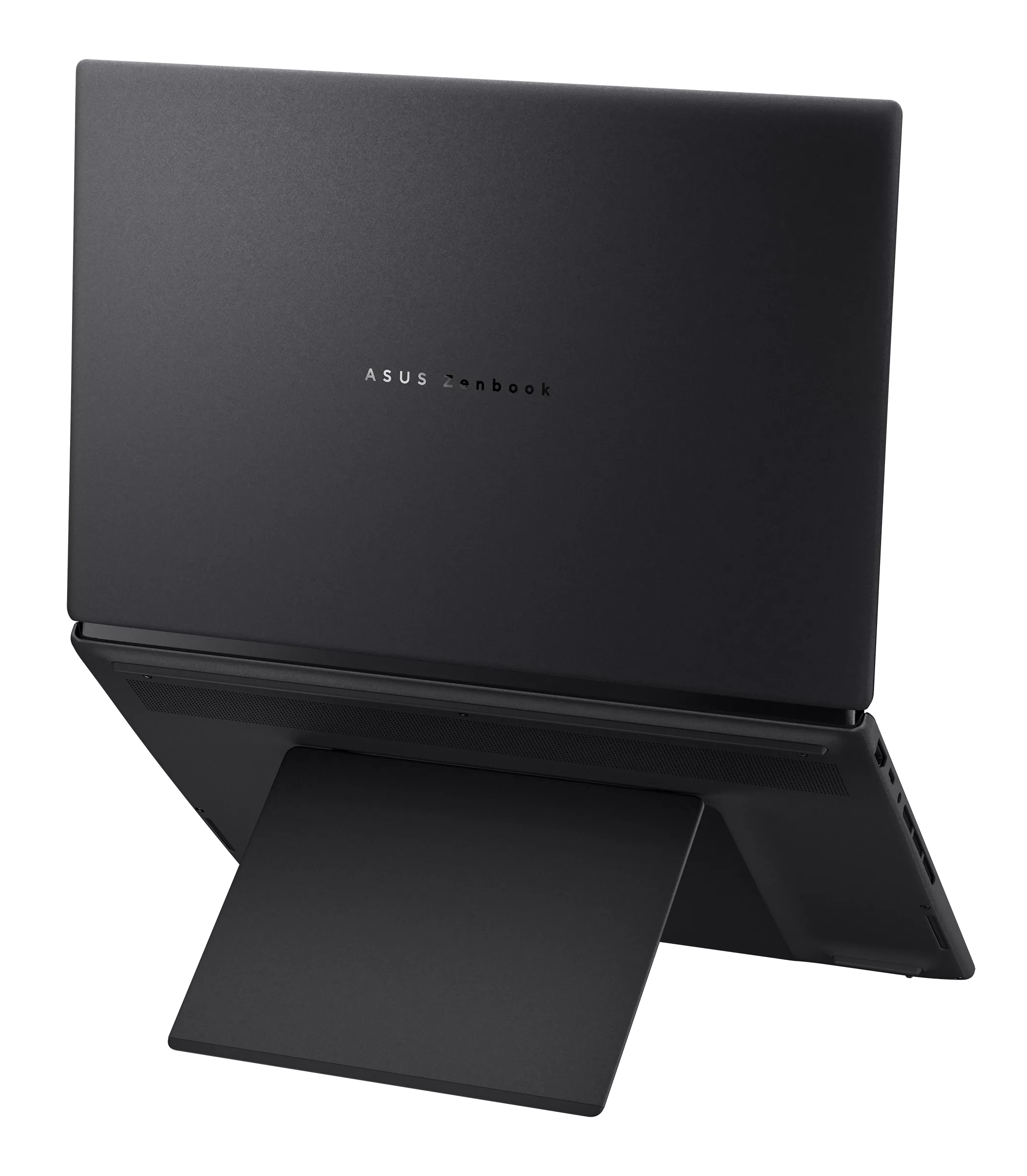 Ciemny laptop Asus Zenbook z podpórką, na czarnym tle.