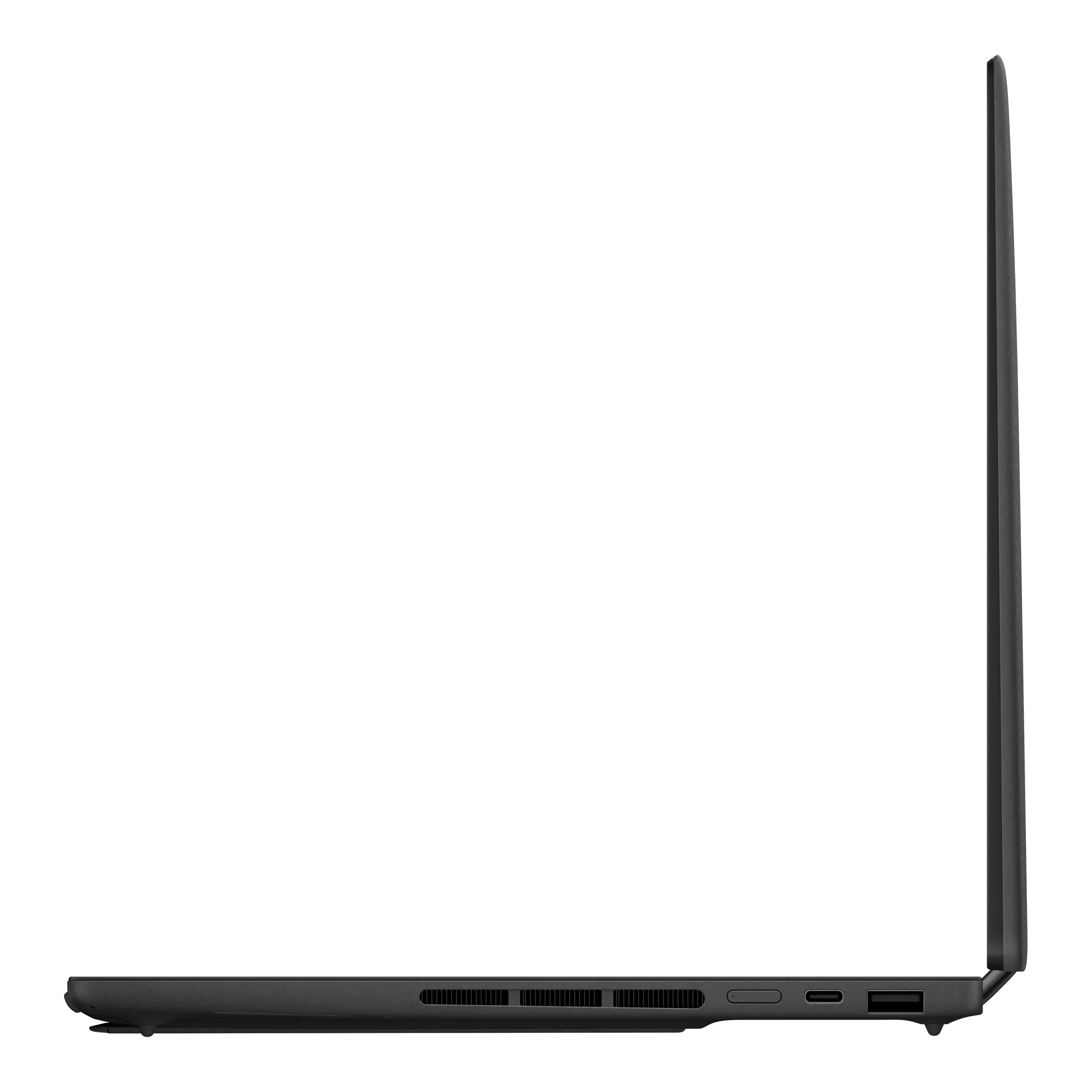 Czarny laptop w profilu, pokazujący porty i otwory wentylacyjne.