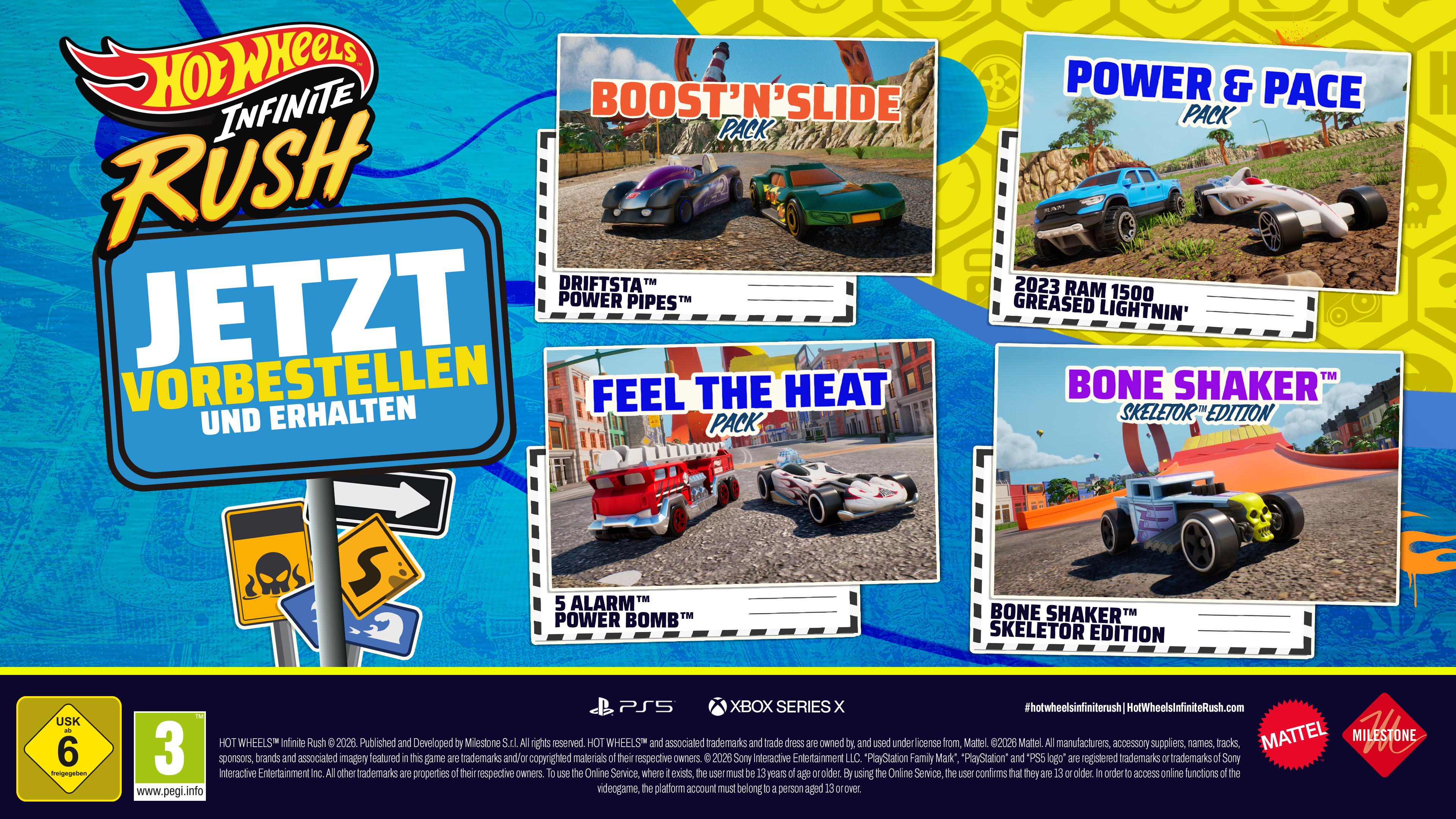 Hot Wheels Infinite Rush Spiel-Werbung mit Autos, Packs und Text.