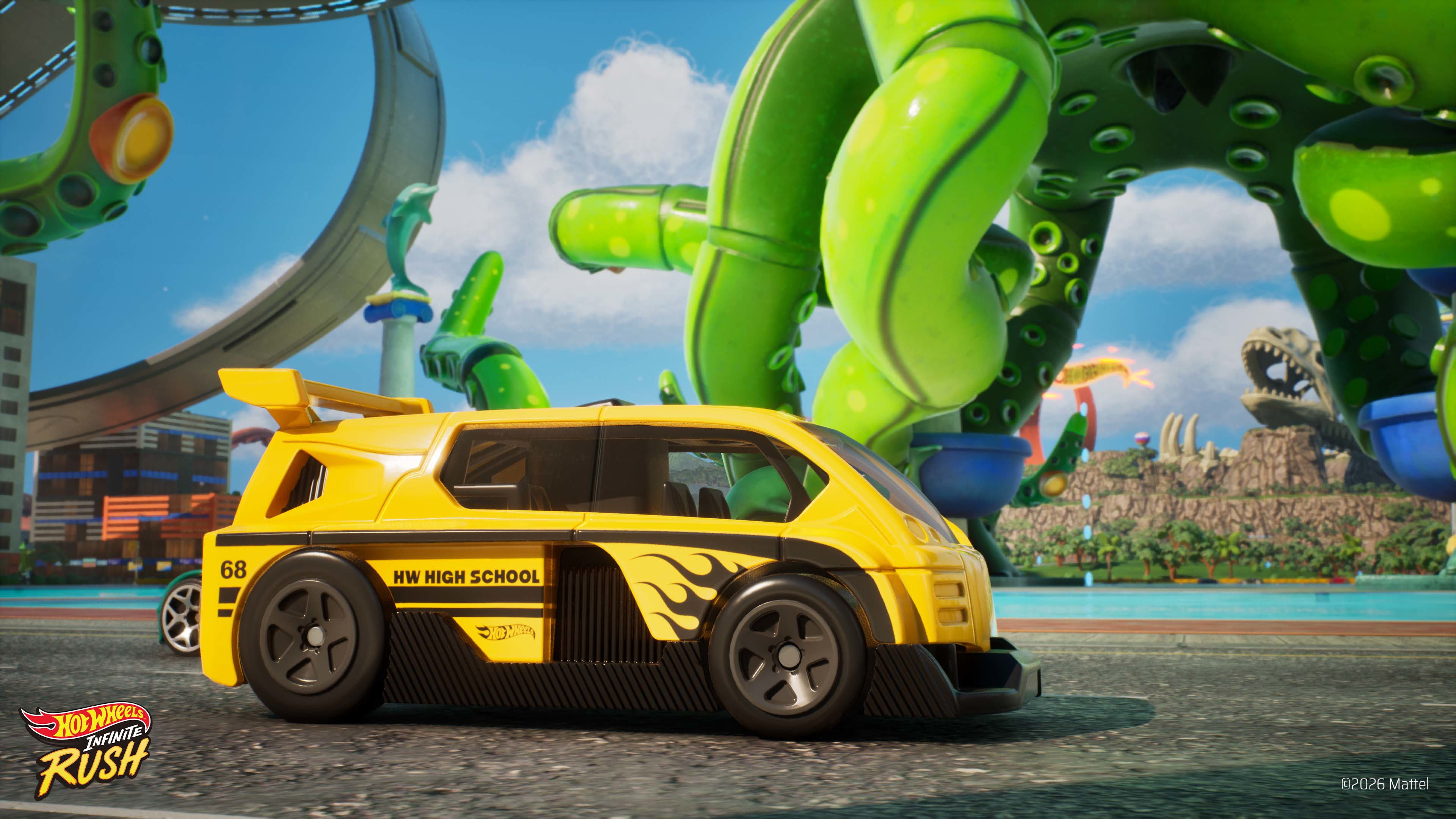 Ein gelber Hot Wheels "HW High School" Van steht vor einem riesigen grünen Kraken im Freien.