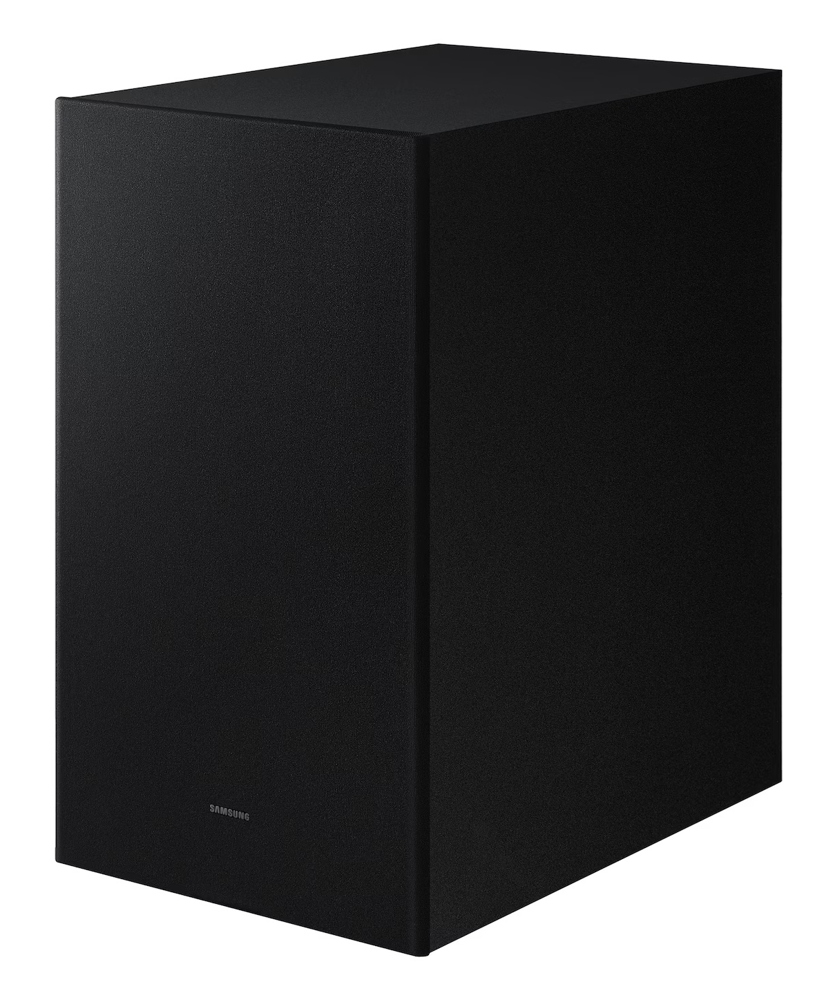 Czarny subwoofer Samsung na białym tle.