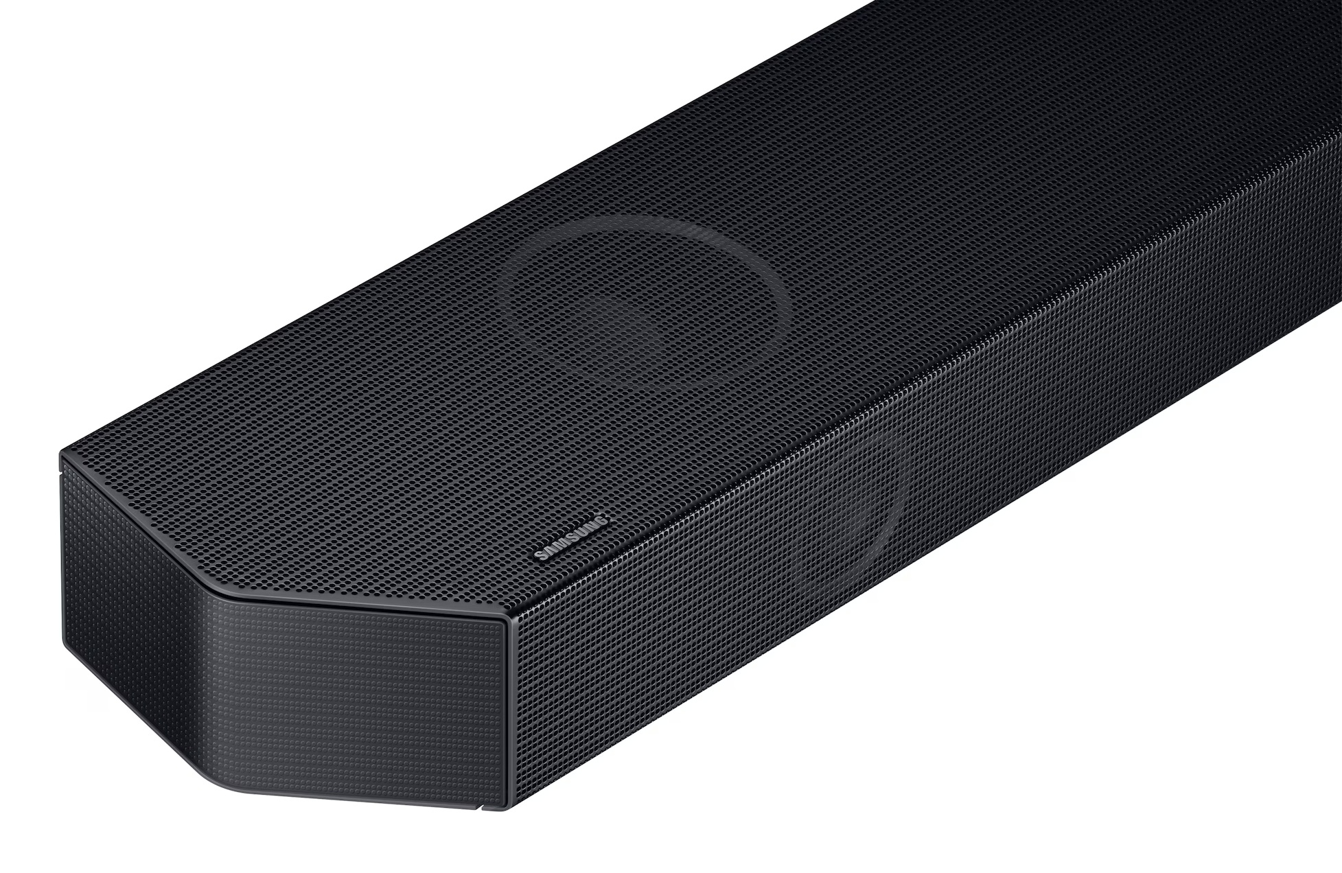 Czarny soundbar Samsung z perforowaną kratką i okrągłymi akcentami.
