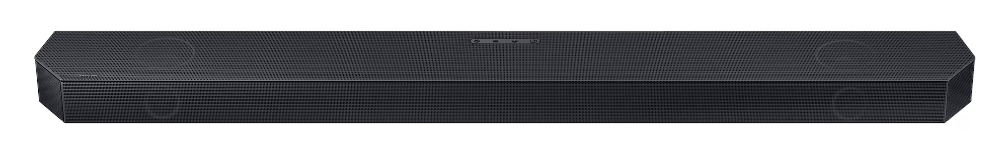 Czarny soundbar Samsung z kratką i okrągłymi elementami.