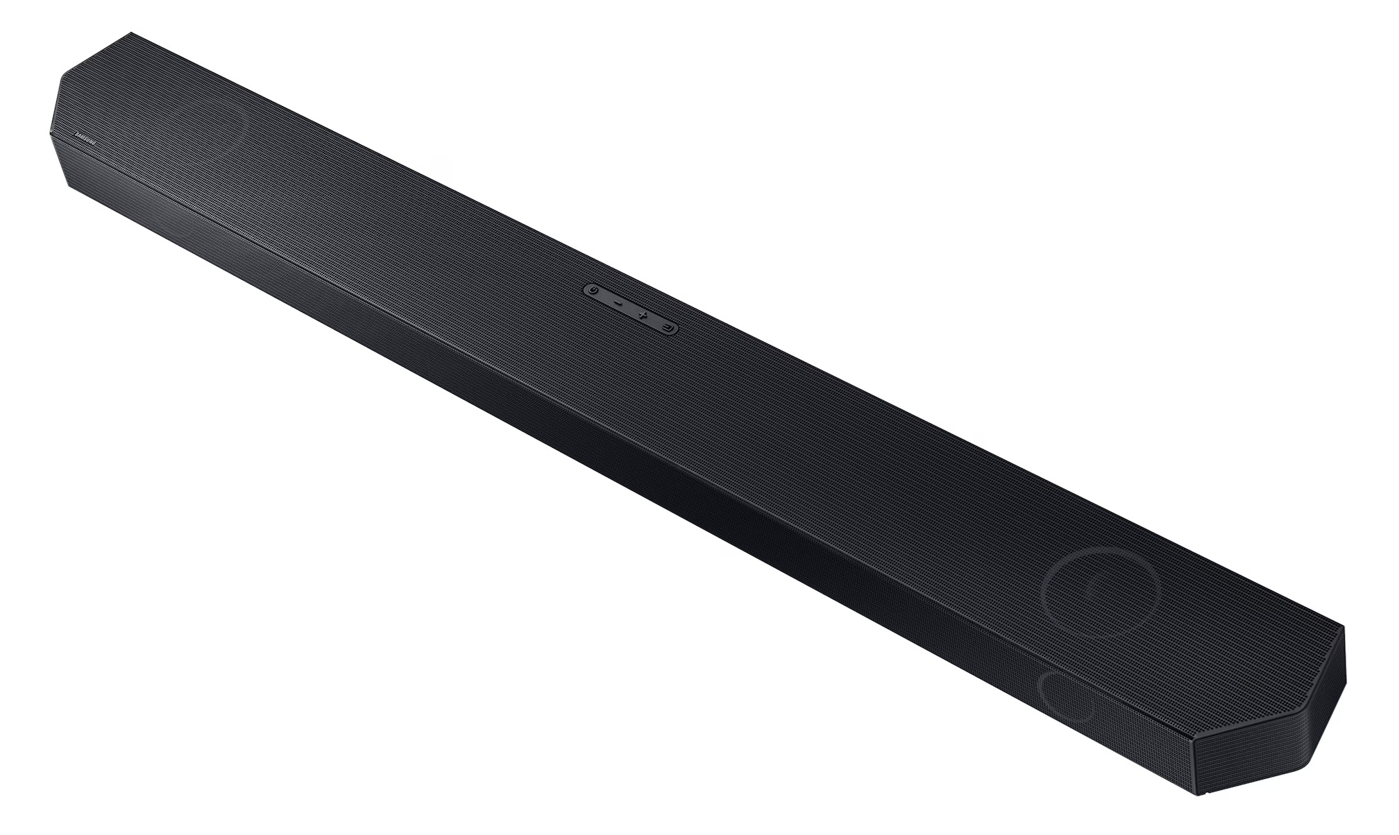 Czarny soundbar Samsung z teksturowaną kratką i przyciskami sterującymi na górze.