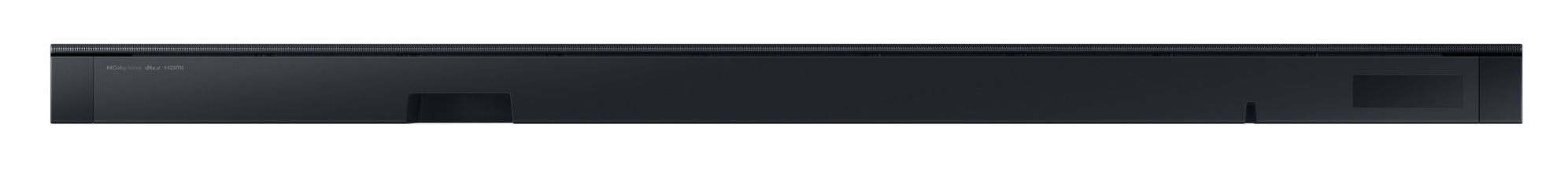 Czarny, smukły soundbar z logo HDMI Dolby Atmos i DTS:X.