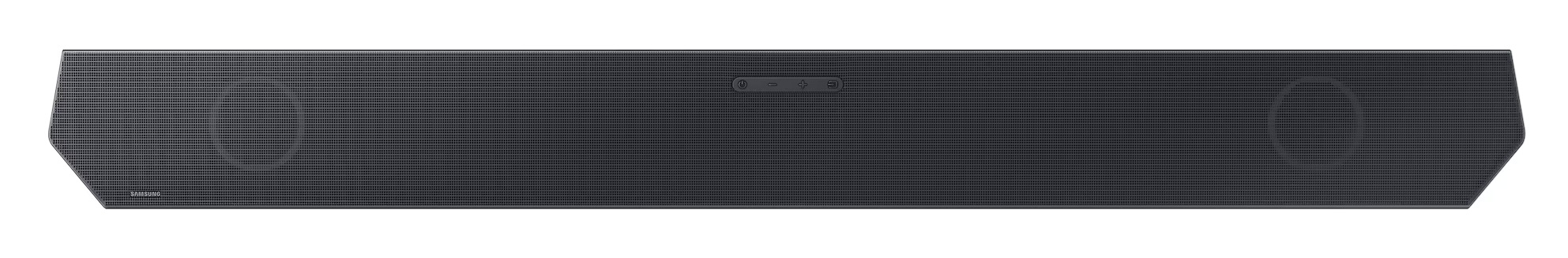 Czarny soundbar Samsung z prążkowanym frontem i okrągłymi głośnikami po bokach.