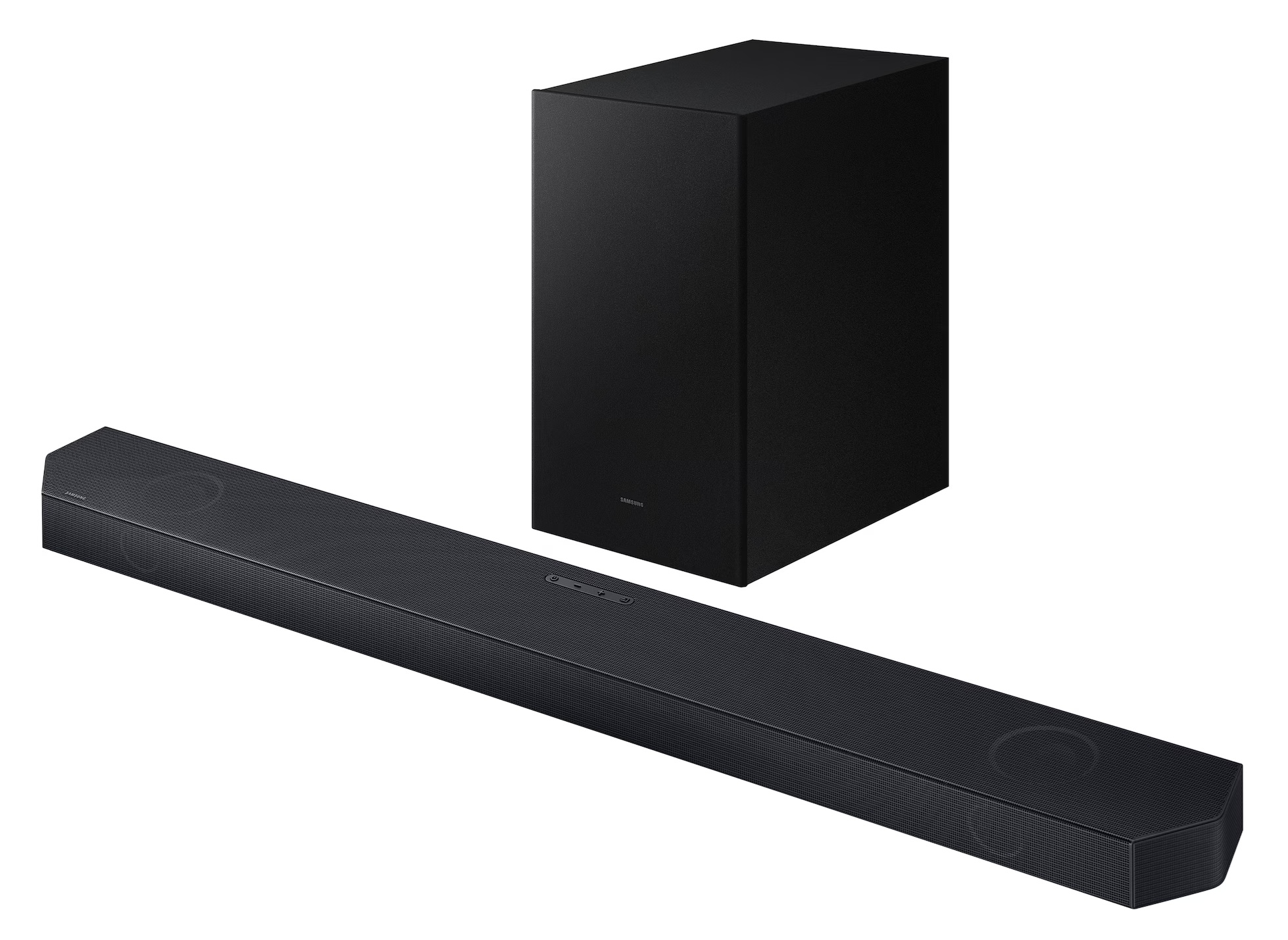 Czarny soundbar i subwoofer obok siebie na białym tle.