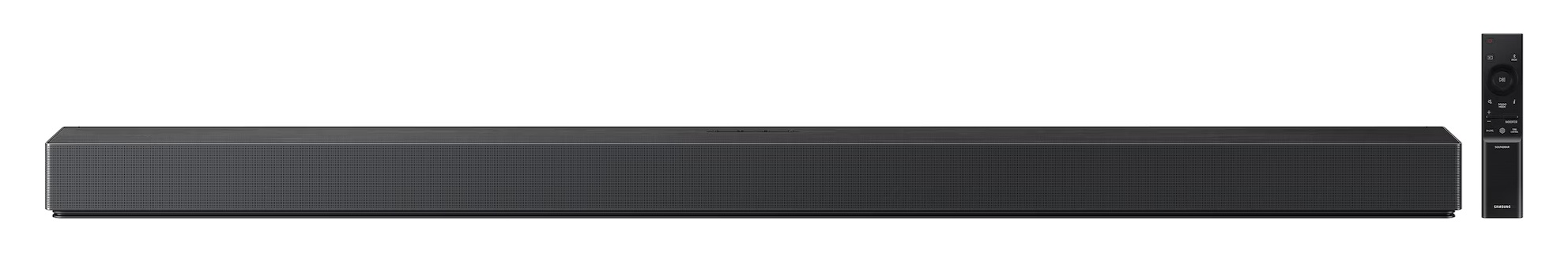 Czarny soundbar z pilotem na białym tle.