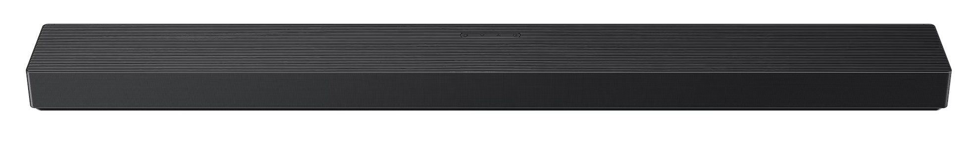 Czarny soundbar z prążkowanym wierzchem i perforowanym przodem.
