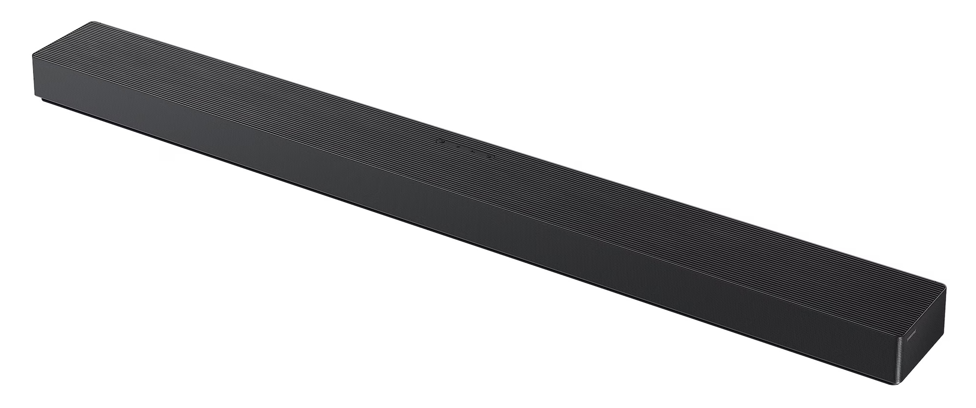 Elegancki, czarny soundbar z prążkowanym blatem i perforowanym przednim grillem głośnika.