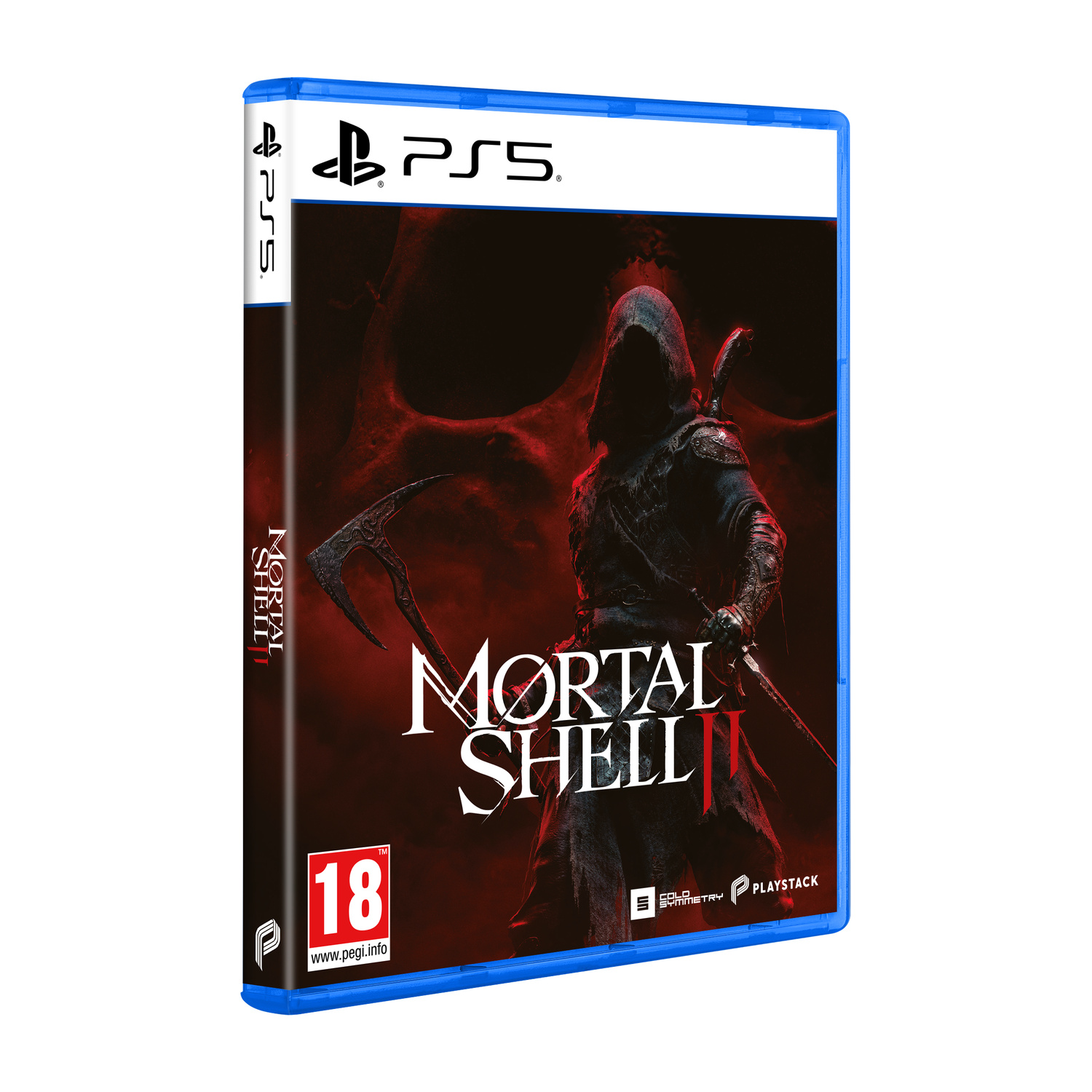 Custodia gioco PS5: Mortal Shell II, con figura scura e sfondo rosso.