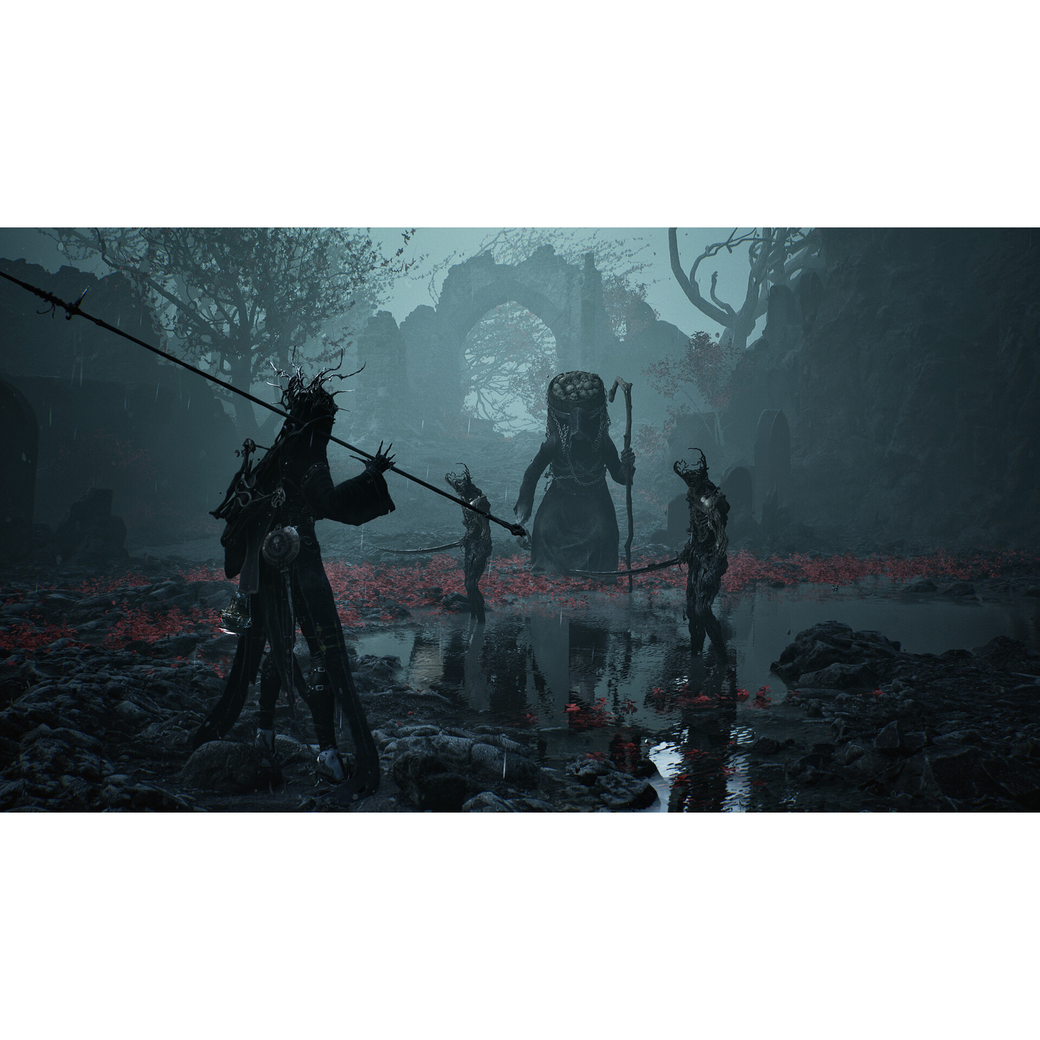 Tre figure in un paesaggio oscuro e in rovina con foglie rosse nell'acqua.