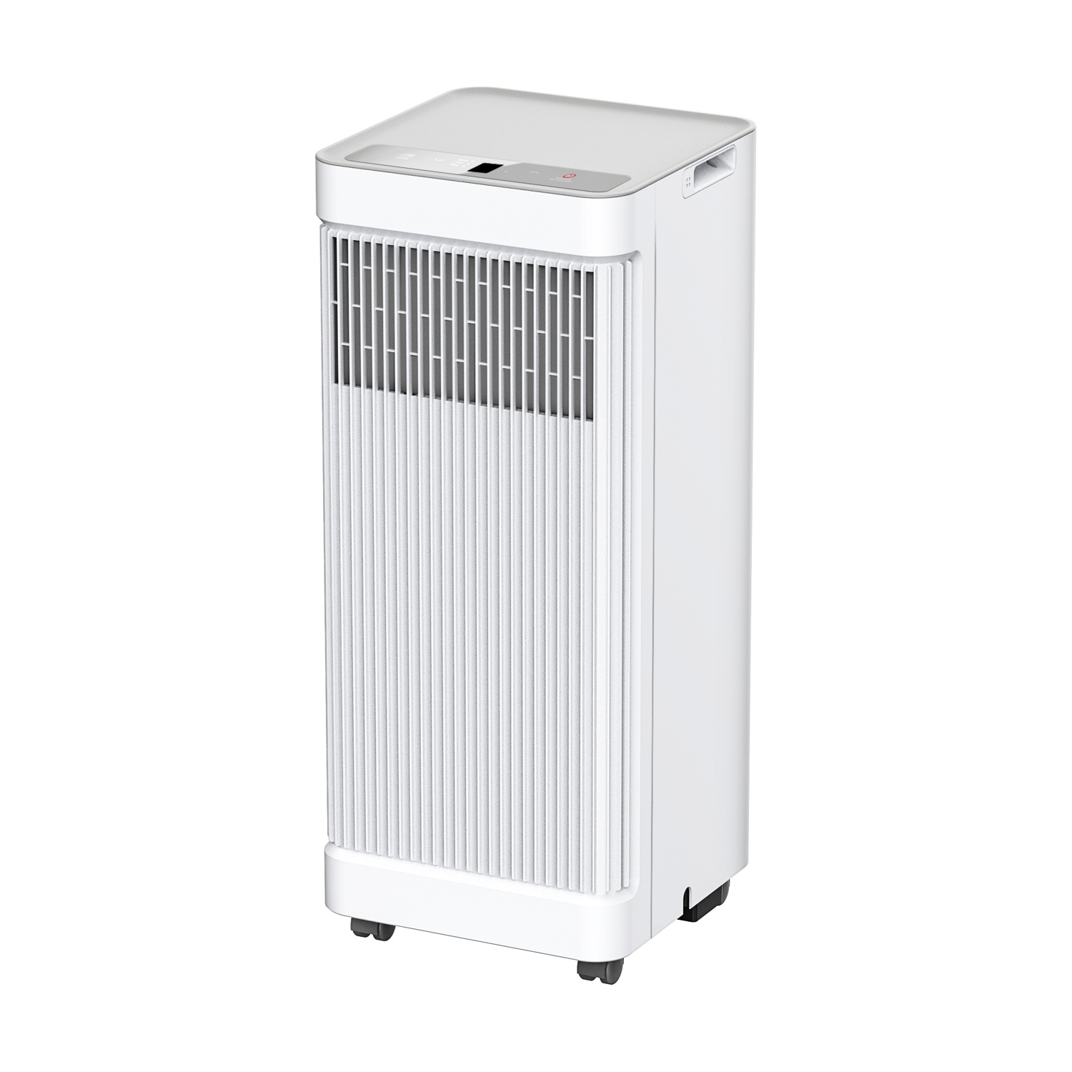 Un purificatore d'aria bianco e rettangolare su ruote con lamelle.