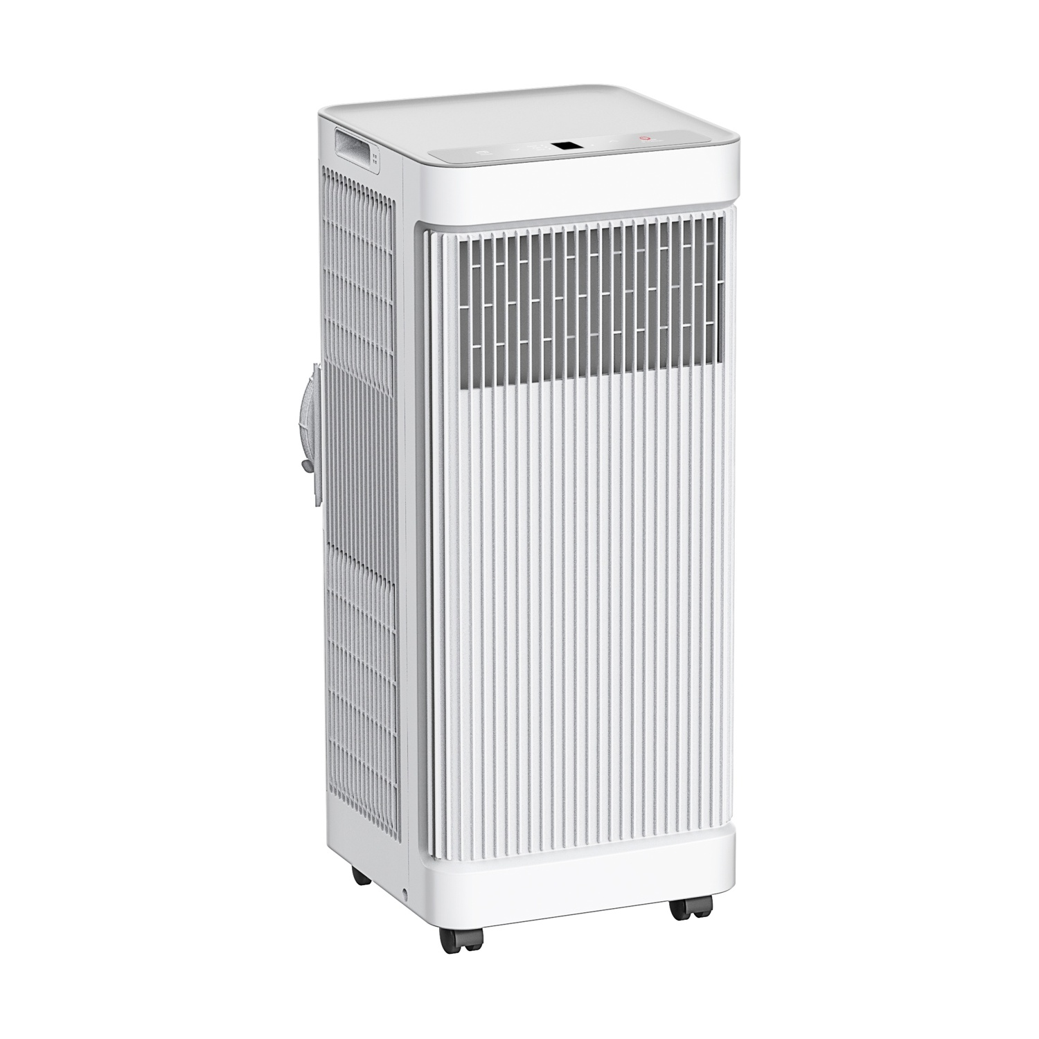 Un purificatore d'aria bianco con ruote su sfondo bianco.