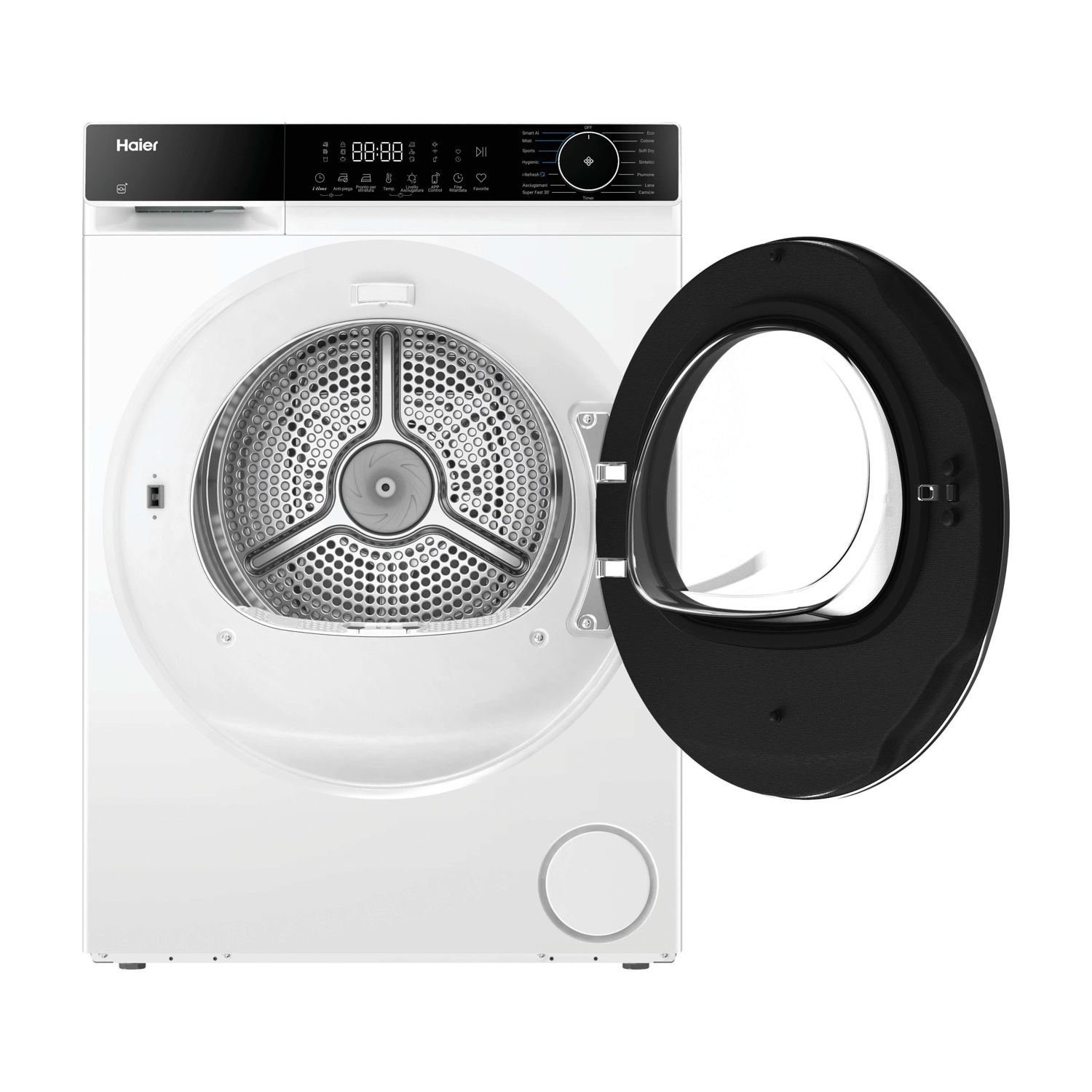 Una lavatrice Haier bianca con oblò nero aperto e display digitale.
