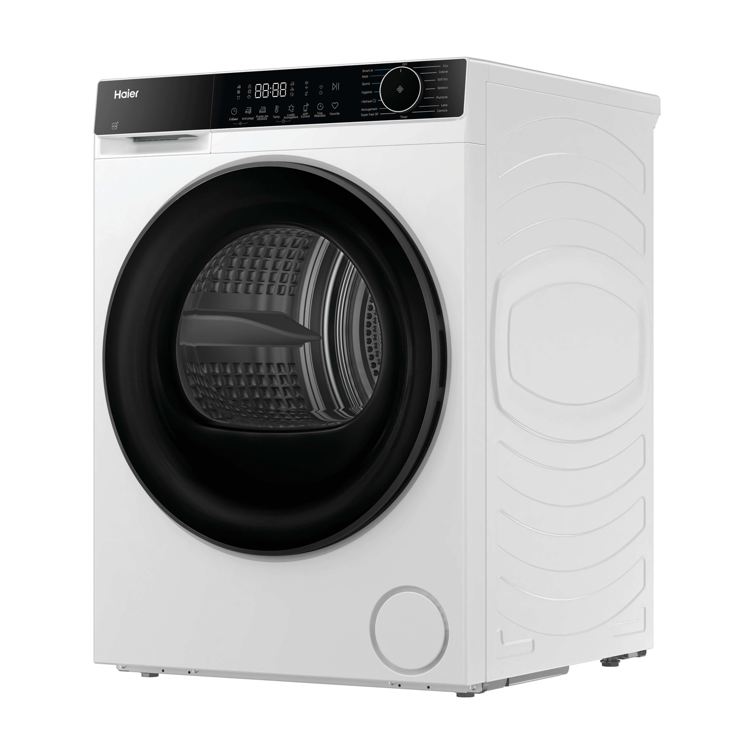 Una lavatrice Haier bianca con oblò nero e display digitale.