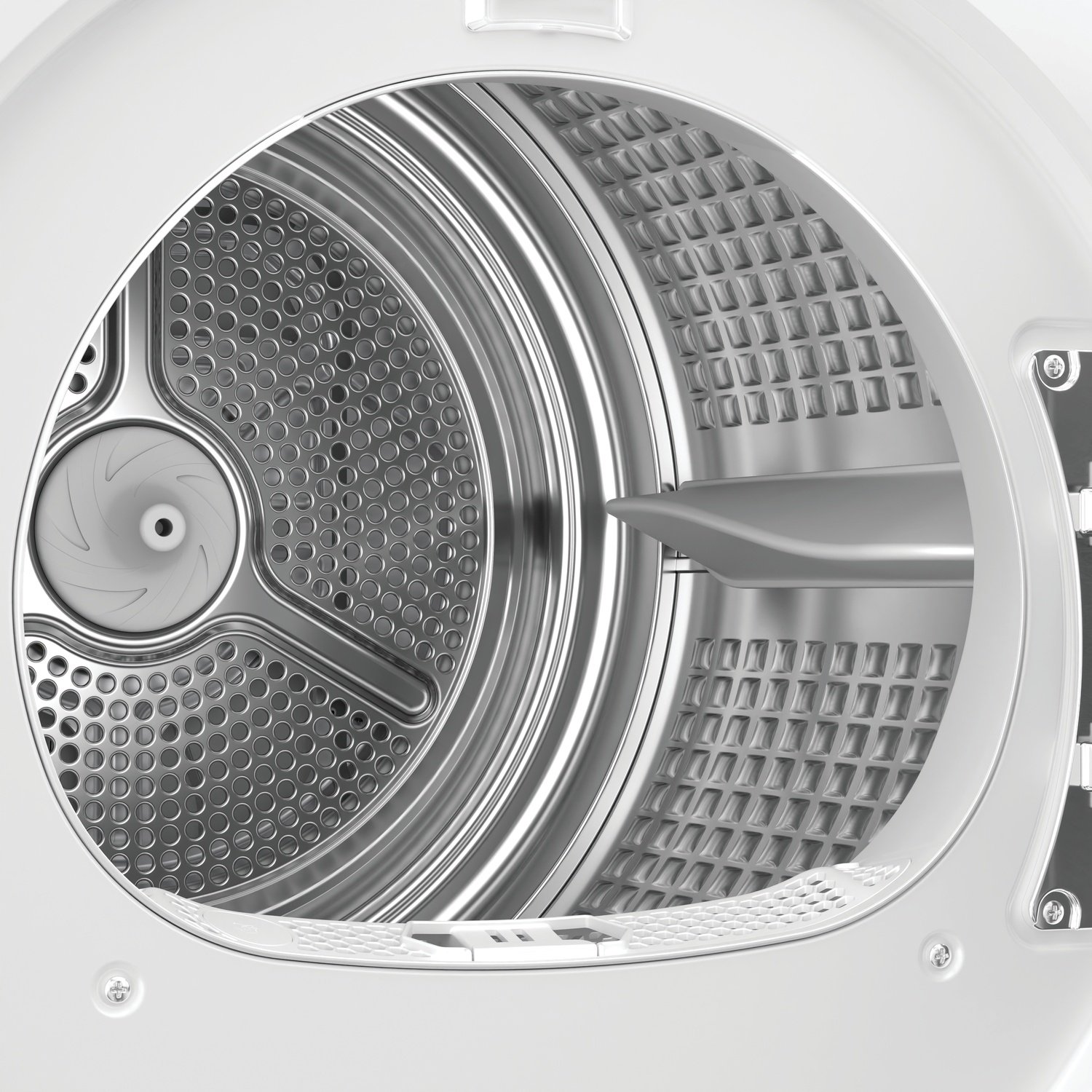 Interno di un'asciugatrice bianca con cestello in acciaio inox.