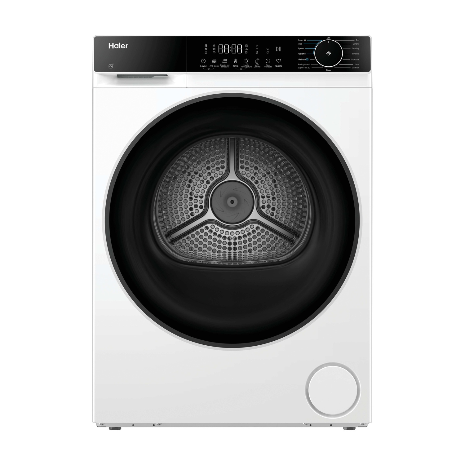 Una lavatrice Haier bianca con oblò e pannello di controllo neri, display digitale.