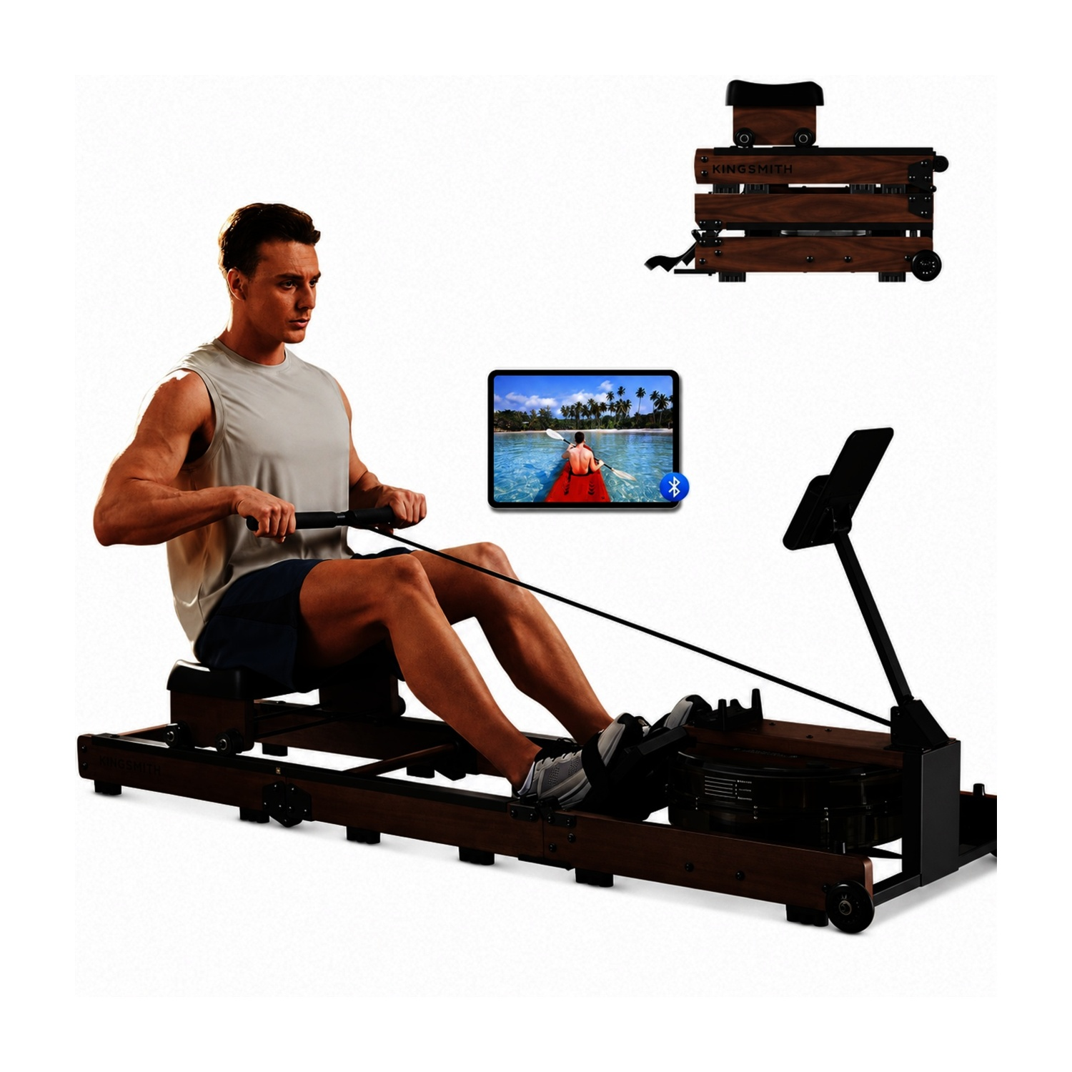 Uomo che rema su ergometro in legno, con unità piegata e tablet nelle vicinanze.