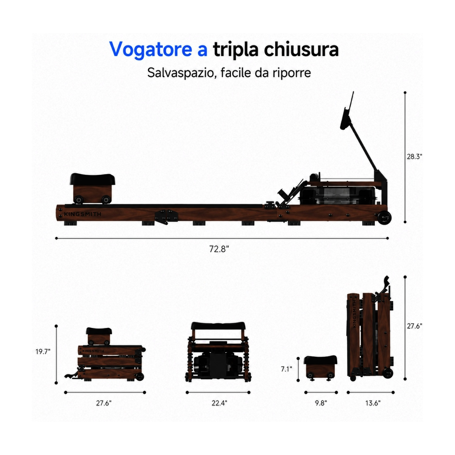 Una macchina da canottaggio in legno in varie dimensioni e configurazioni, aperta e piegata.
