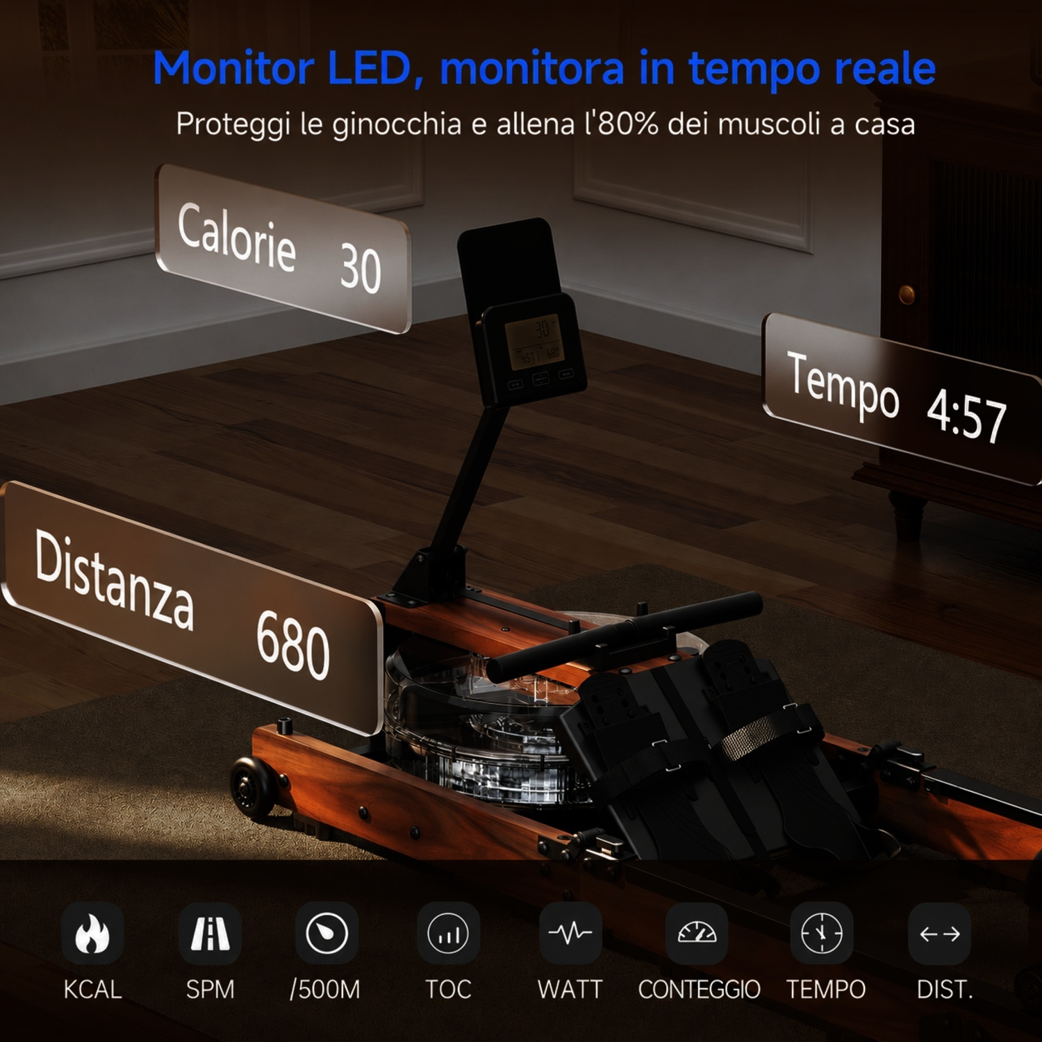 Una macchina da remo in legno con display digitale che mostra calorie, distanza e tempo.