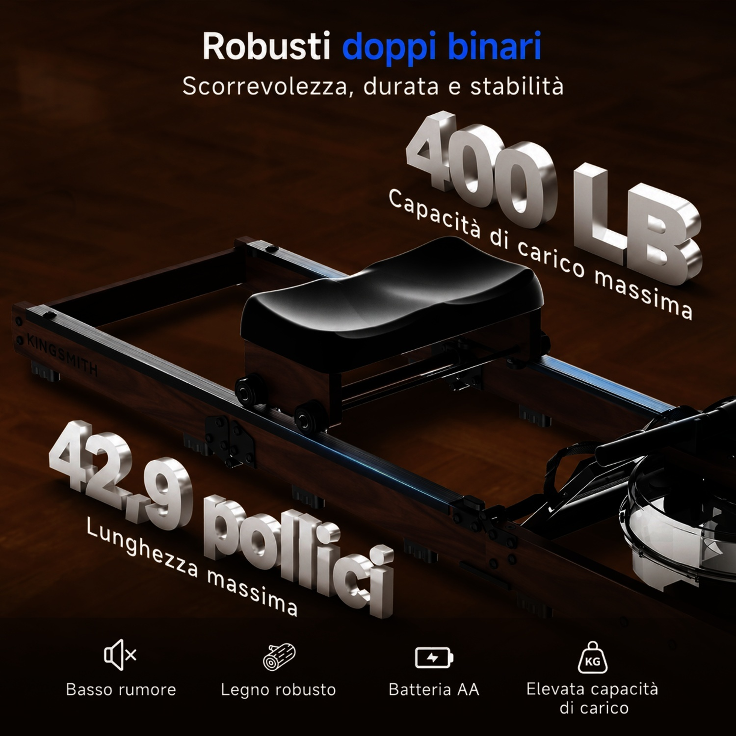 Rower con capacità di 400 libbre e lunghezza 42,9 pollici, basso rumore, legno.