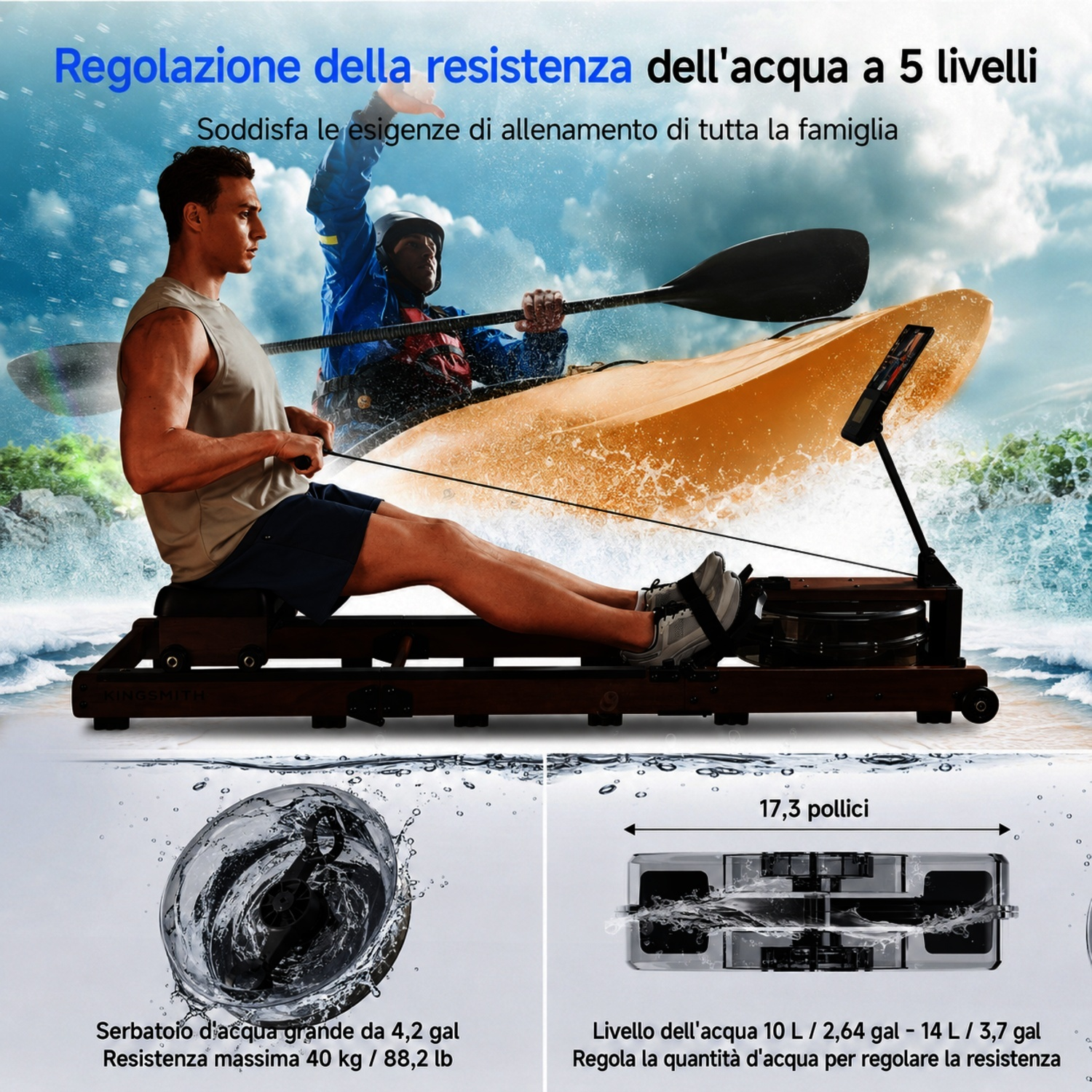 Un uomo rema su un ergometro mentre un canoista rema sullo sfondo.