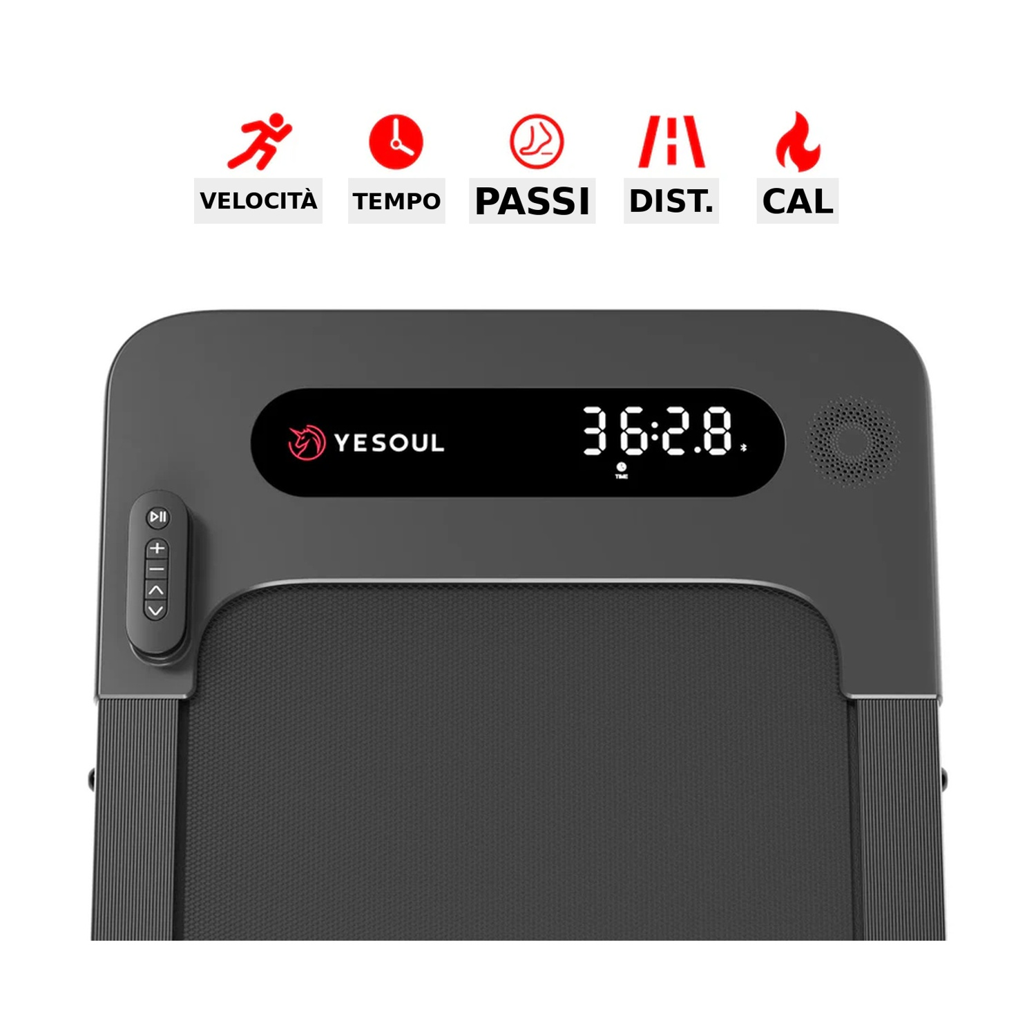 Console tapis roulant con icone velocità, tempo, passi, distanza, calorie. Il tempo mostra 36:2,8.