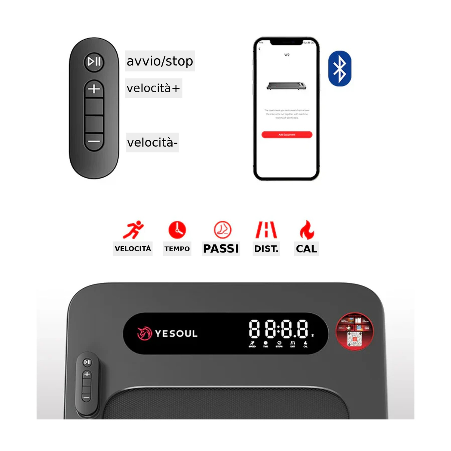 Telecomando, smartphone e display tapis roulant mostrano dati e controlli allenamento.