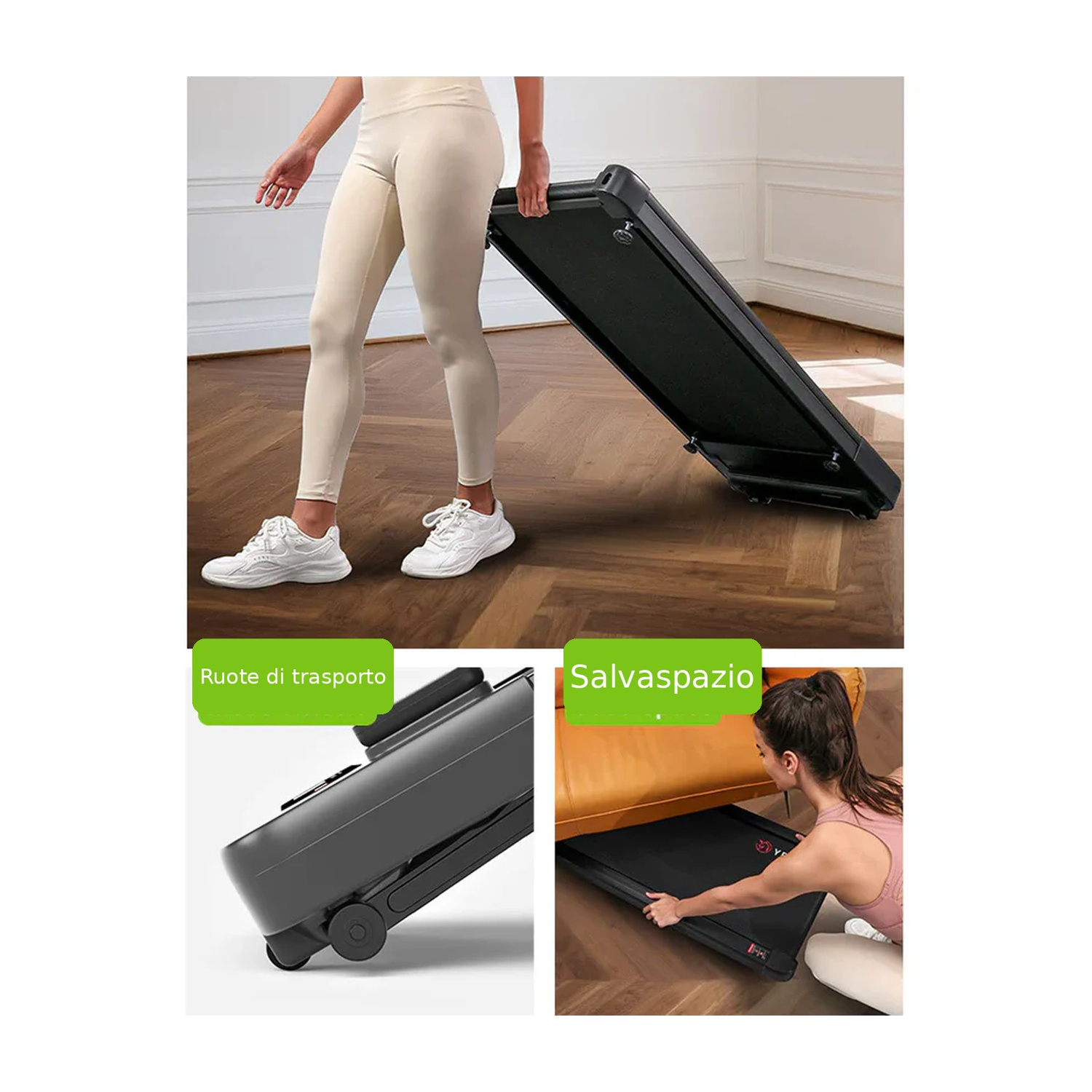 Una donna fa scorrere un tapis roulant pieghevole sotto un divano.