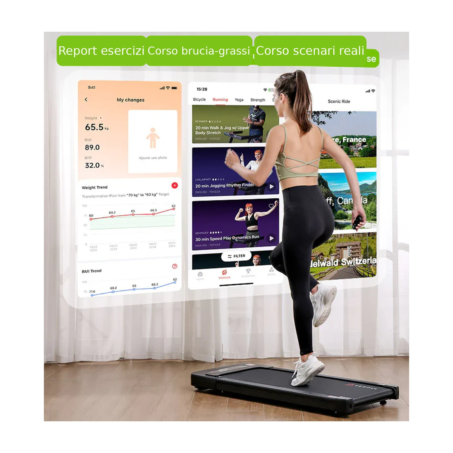 Una donna corre su un tapis roulant con statistiche di allenamento e video visualizzati.