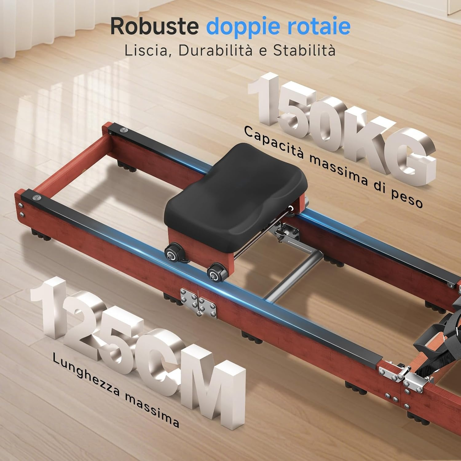 Cyclette con capacità 150kg e lunghezza 125cm. Ruote robuste.