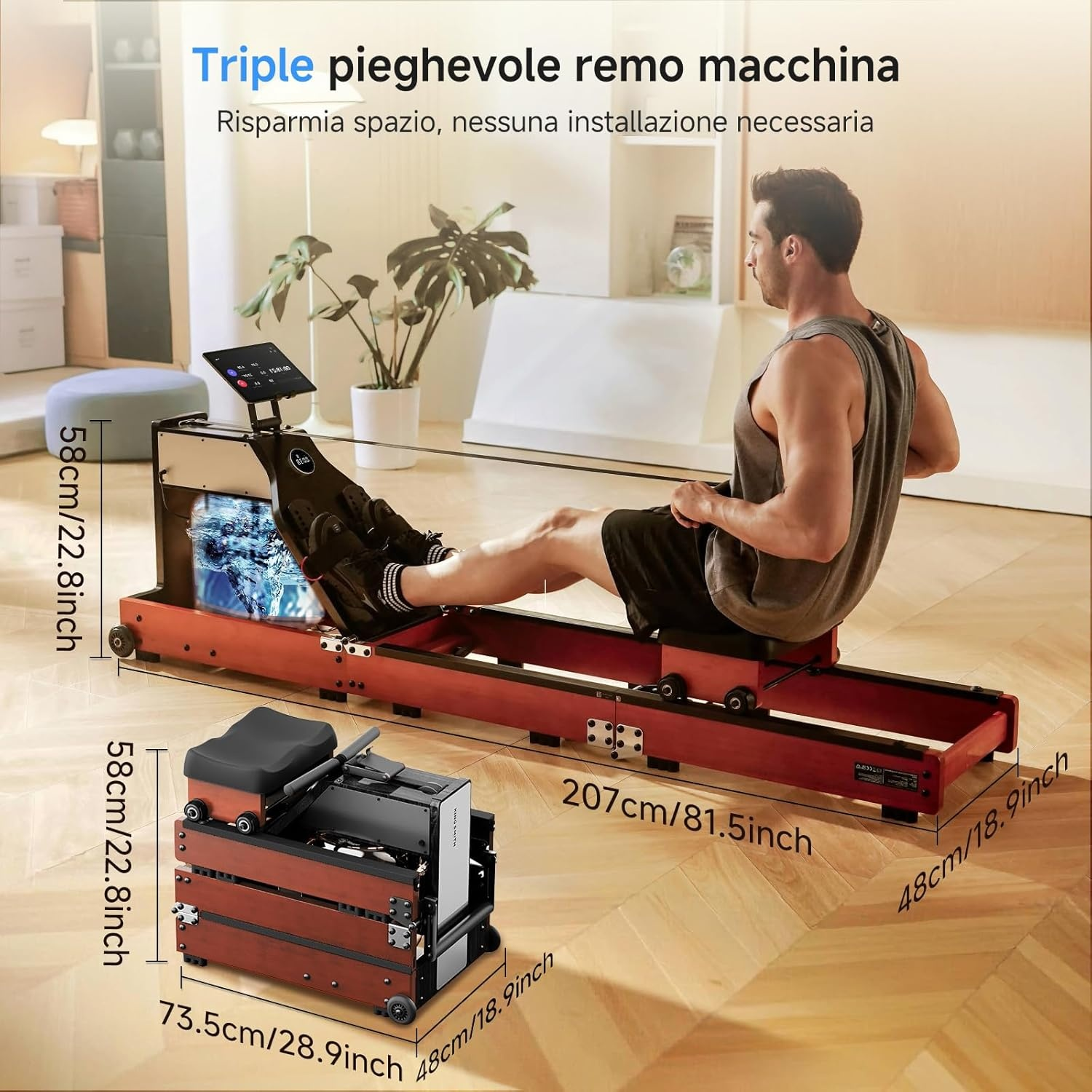 Uomo su una macchina da remo rossa, pieghevole, con dimensioni.