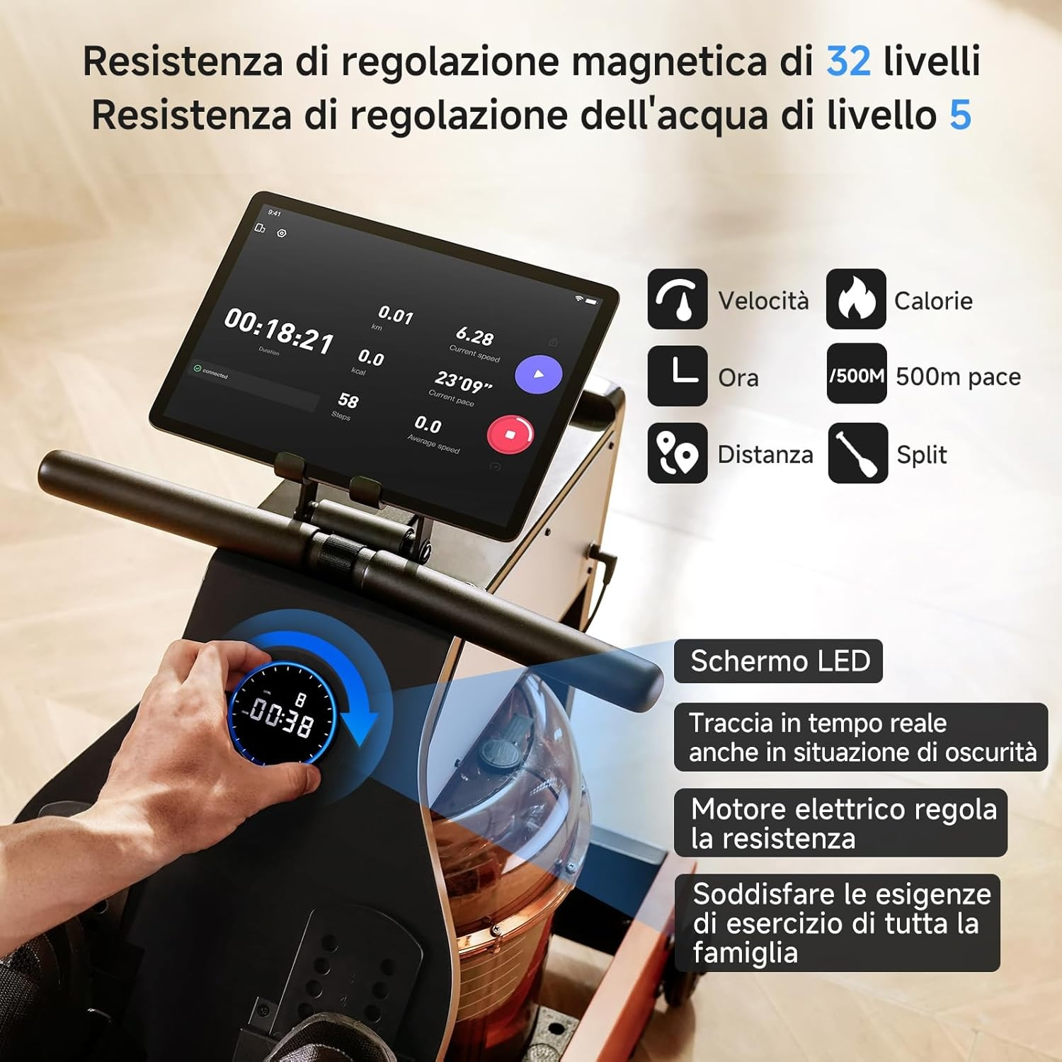 Rower con schermo LED che mostra dati di allenamento come tempo, velocità e calorie.