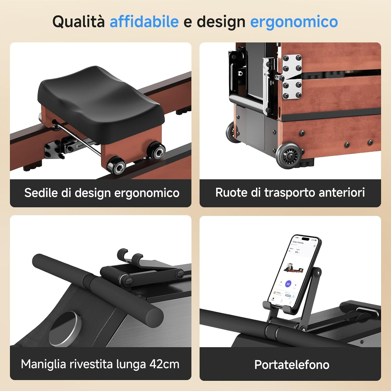 Sedile ergonomico, ruote, maniglia e porta telefono.