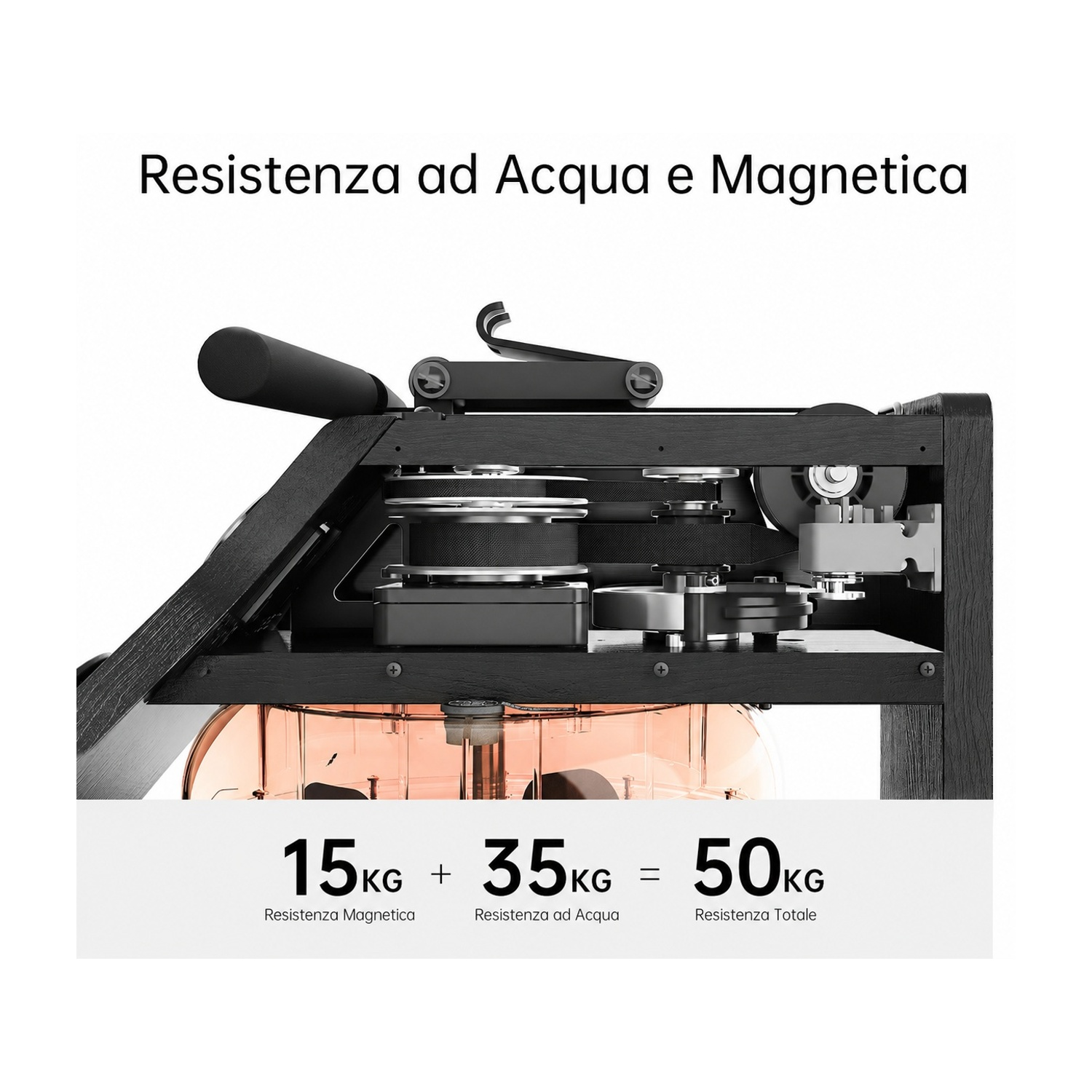 Una vogatrice nera con serbatoio dell'acqua e display di resistenza magnetica 15+35=50kg.