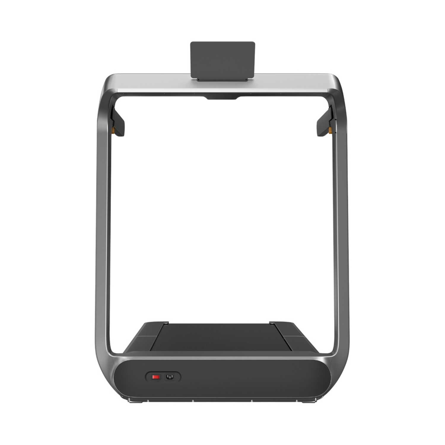 Un tapis roulant moderno e argentato con nastro nero e supporto per tablet.