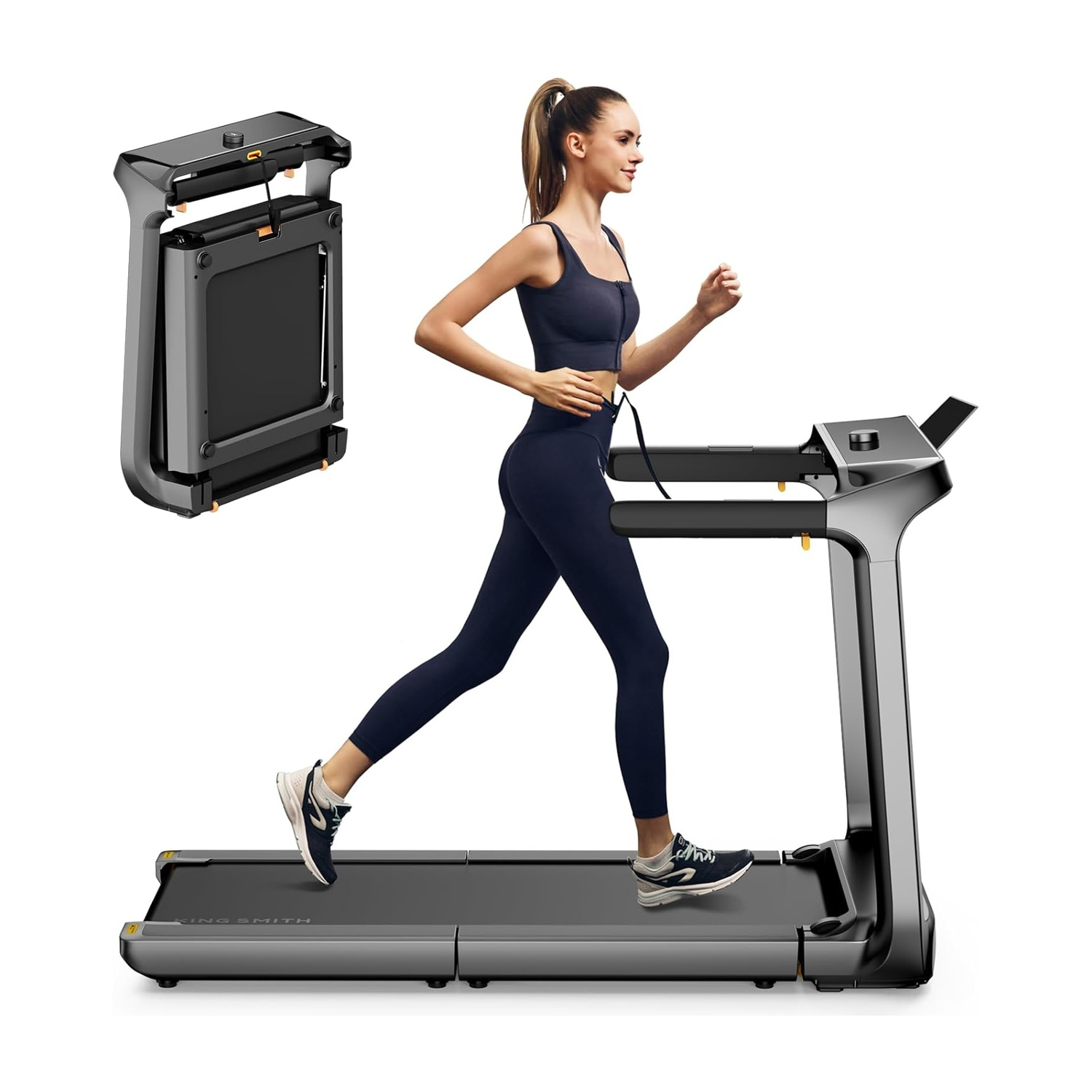 Donna corre sul tapis roulant, con un tapis roulant piegato accanto.